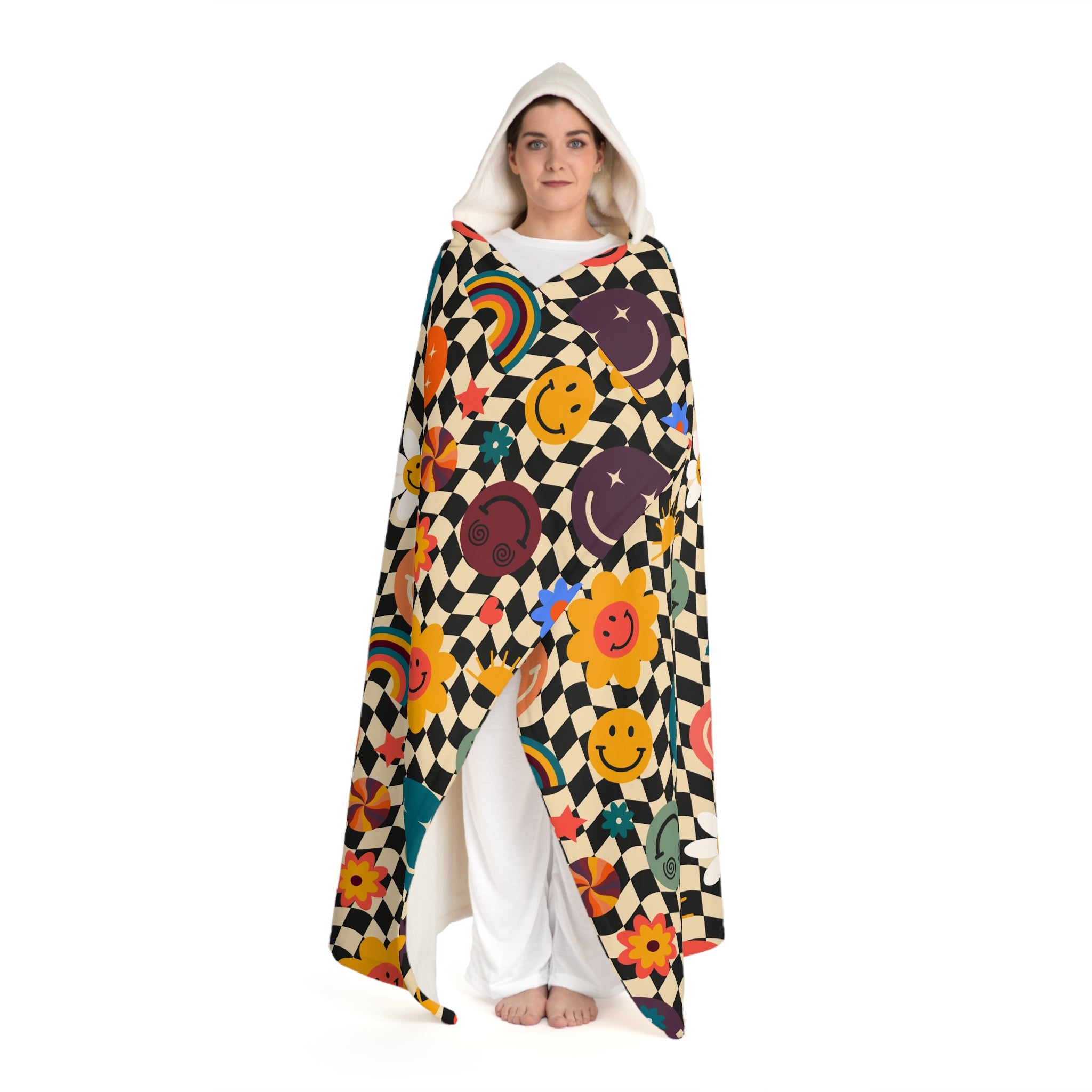 Trippy x Wavy Checkerboard x Smiley Face x Rainbow x Flowers III Multi-Color Hooded Sherpa Fleece Blanket, Artsulli - Art is Long, Life is Short, All Over Prints, , , , , , , 