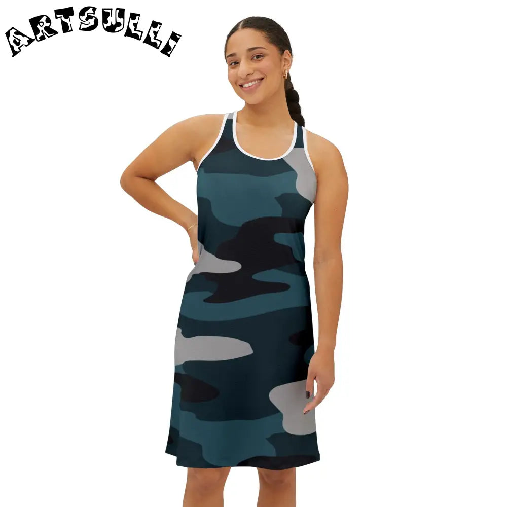 JAKKOUTTHEBXX Blue Camouflage Women’s Racerback Dress (AOP)