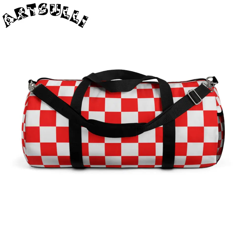 JAKKOUTTHEBXX Checkerboard Red and White Duffel Bag JAKKOUTTHEBXX