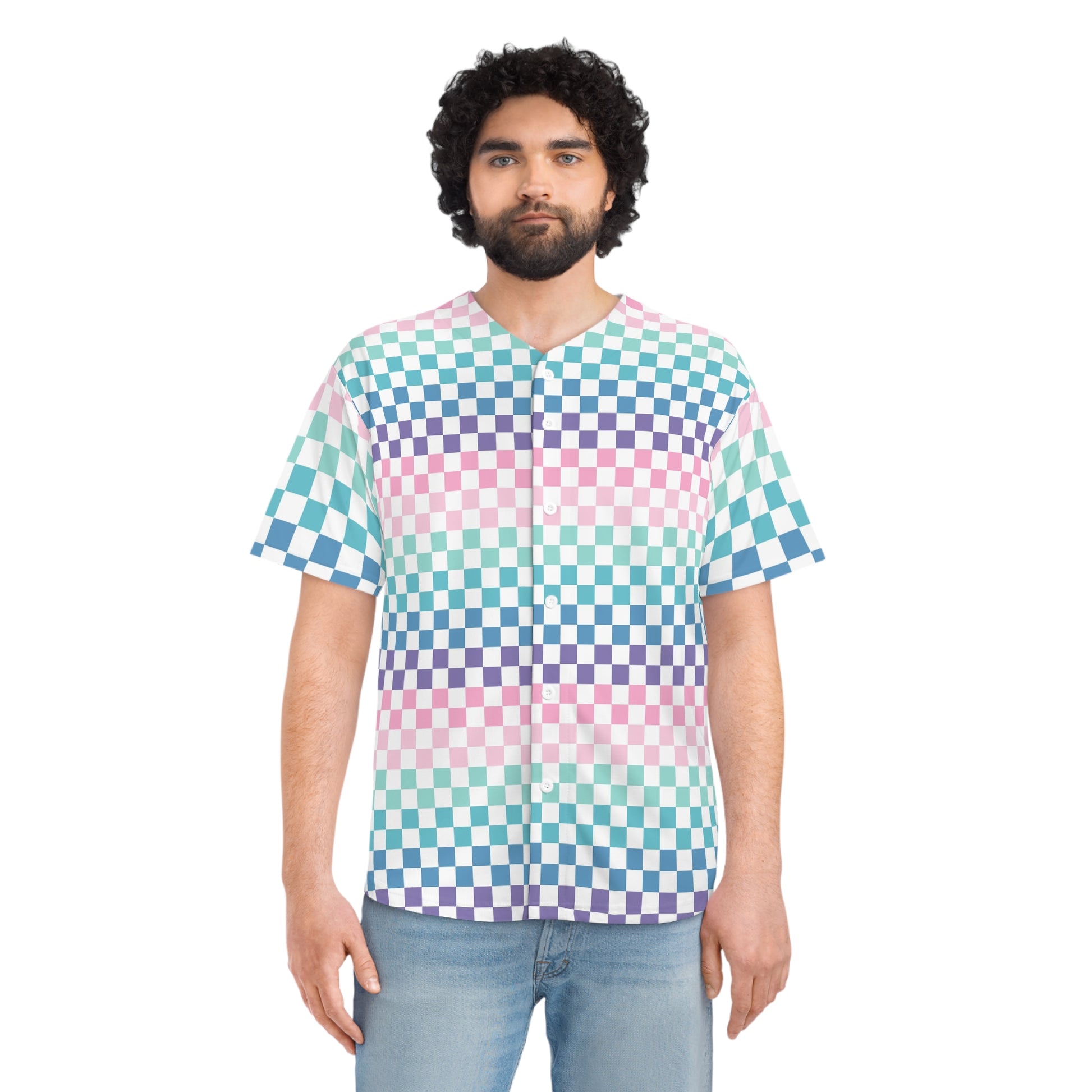 Vaporwave Rainbow  Checkerboard II Multi-Color Men's Baseball Jersey (AOP), Artsulli - Art is Long, Life is Short, All Over Prints, , , , , , , 