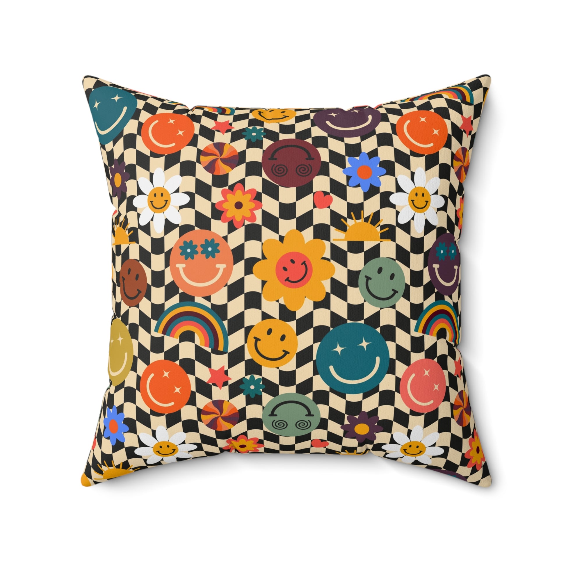 Trippy x Wavy Checkerboard x Smiley Face x Rainbow x Flowers Multi-Color Spun Polyester Square Pillow, Artsulli - Art is Long, Life is Short, Home Decor, Size, 20" × 20", , , , , 16934284346883485739