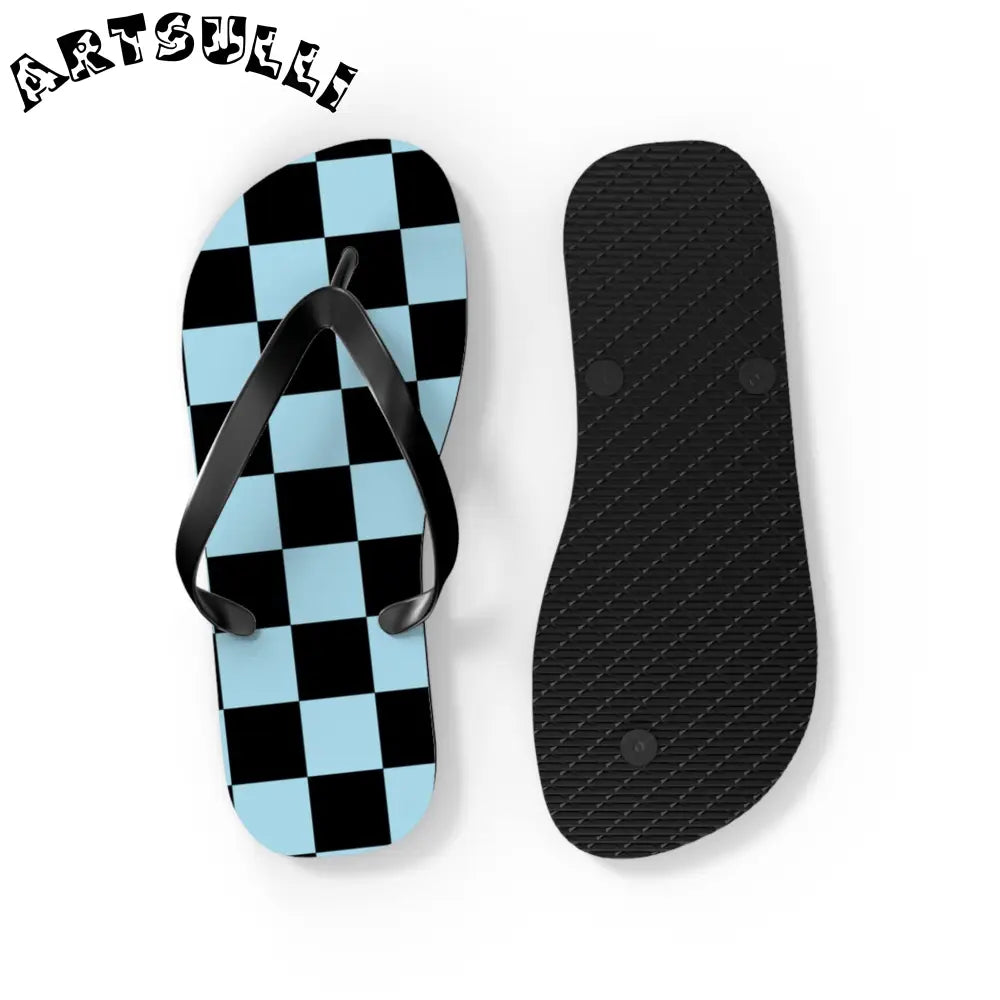 JAKKOUTTHEBXX Checkerboard Black and Blue Flip Flops JAKKOUTTHEBXX