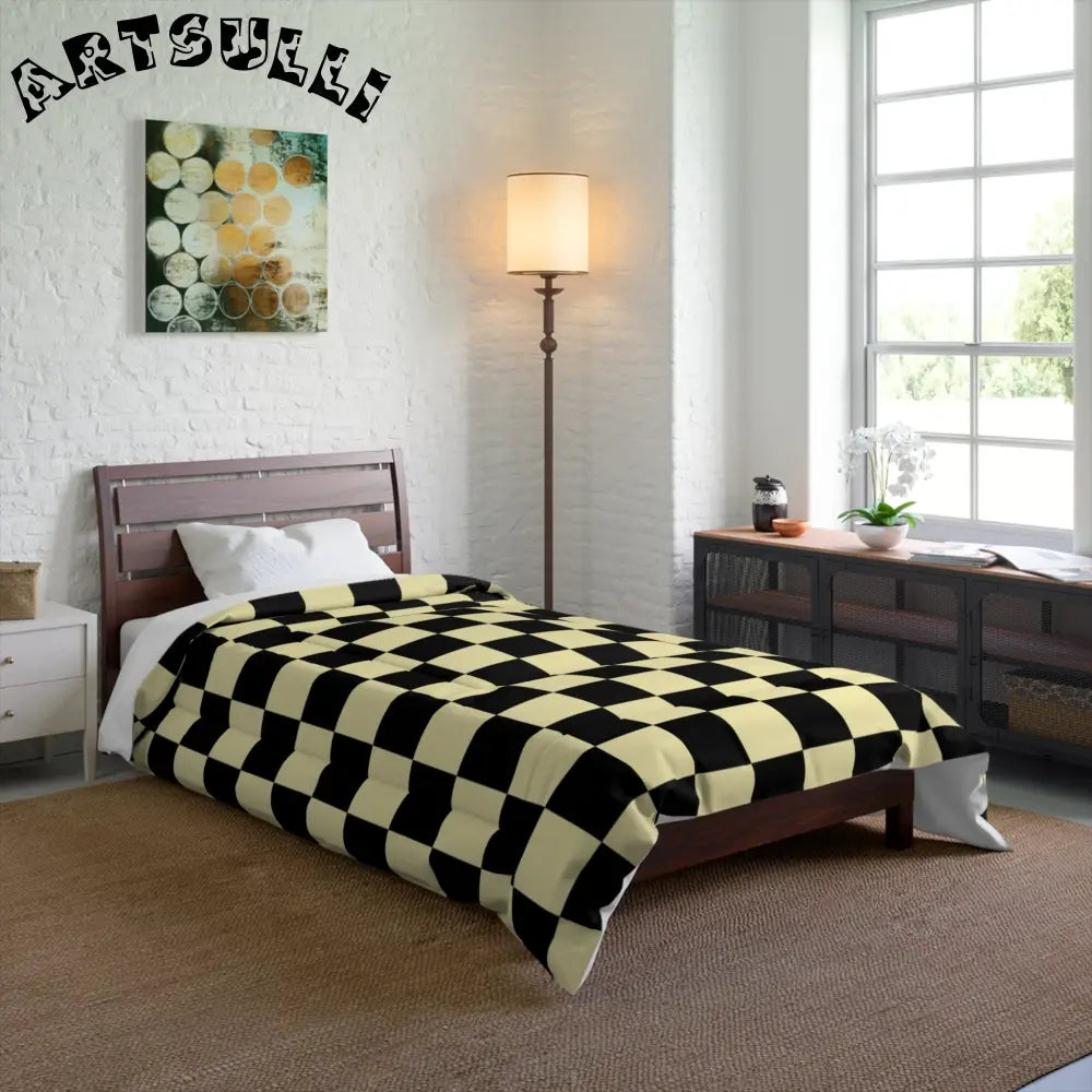 JAKKOUTTHEBXX Checkerboard Black and Yellow Comforter JAKKOUTTHEBXX