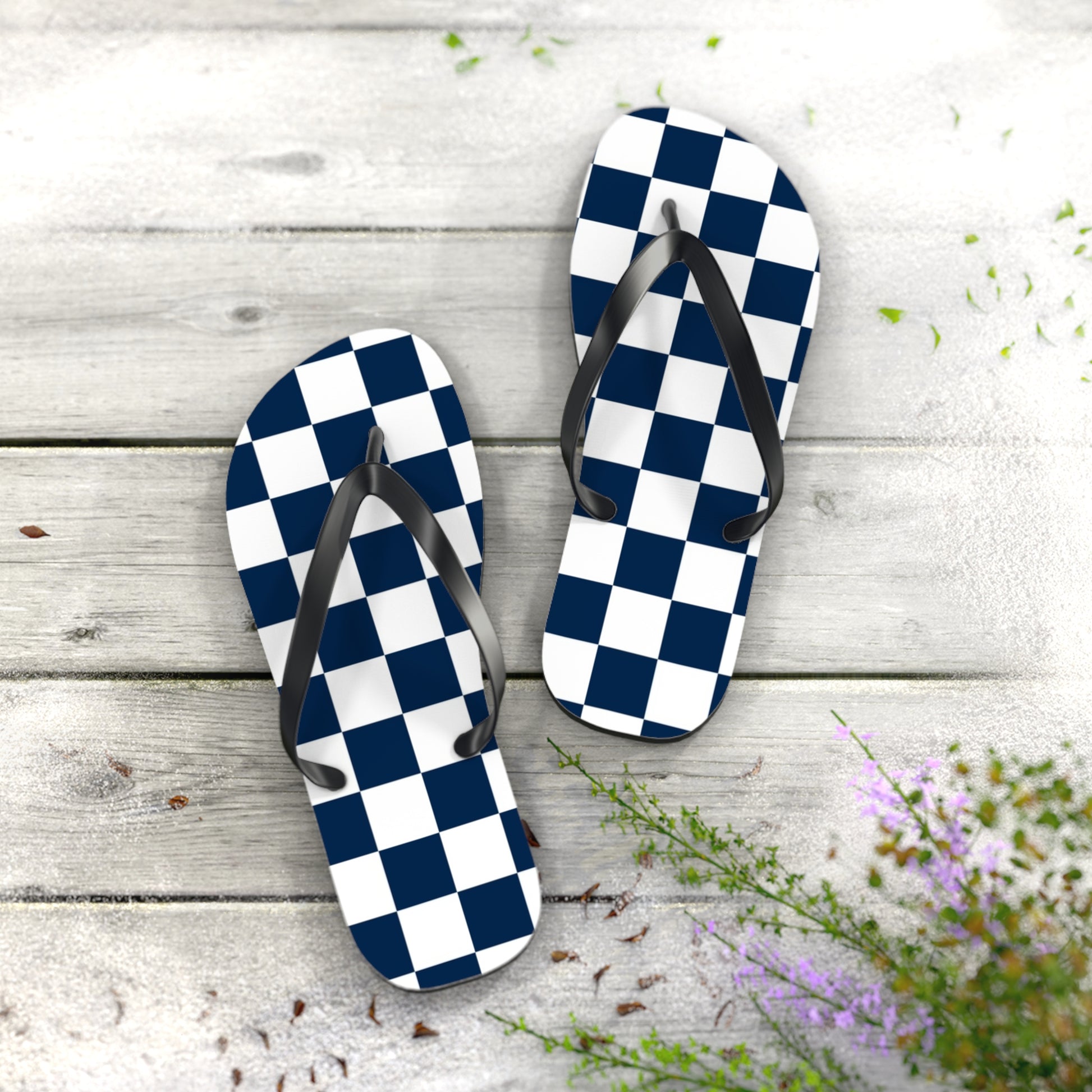 Checkerboard White and Navy Blue Flip Flops, Artsulli - Art is Long, Life is Short, Shoes, , , , , , , 