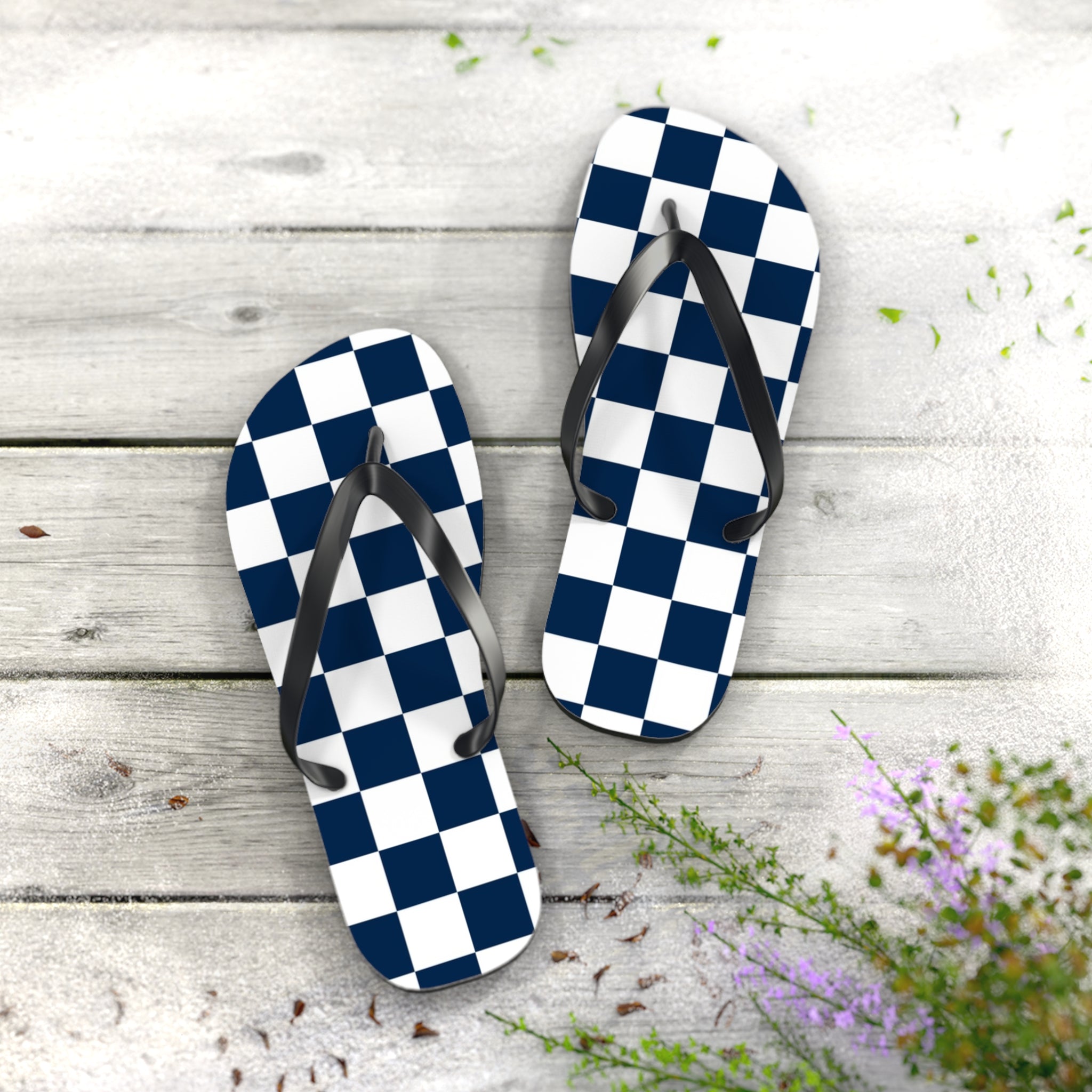 Checkerboard White and Navy Blue Flip Flops, Artsulli - Art is Long, Life is Short, Shoes, , , , , , , 