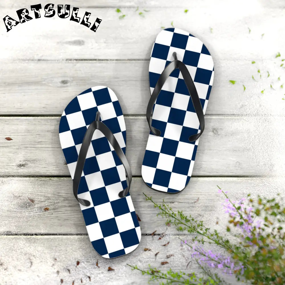 JAKKOUTTHEBXX Checkerboard White and Navy Blue Flip Flops