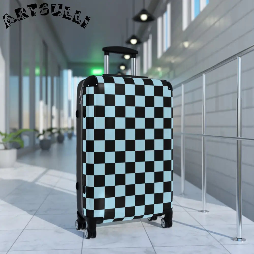 JAKKOUTTHEBXX Checkerboard Black and Blue Suitcase JAKKOUTTHEBXX