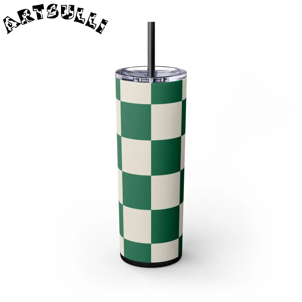 JAKKOUTTHEBXX Checkerboard Dark Green Skinny Tumbler with Straw 20oz