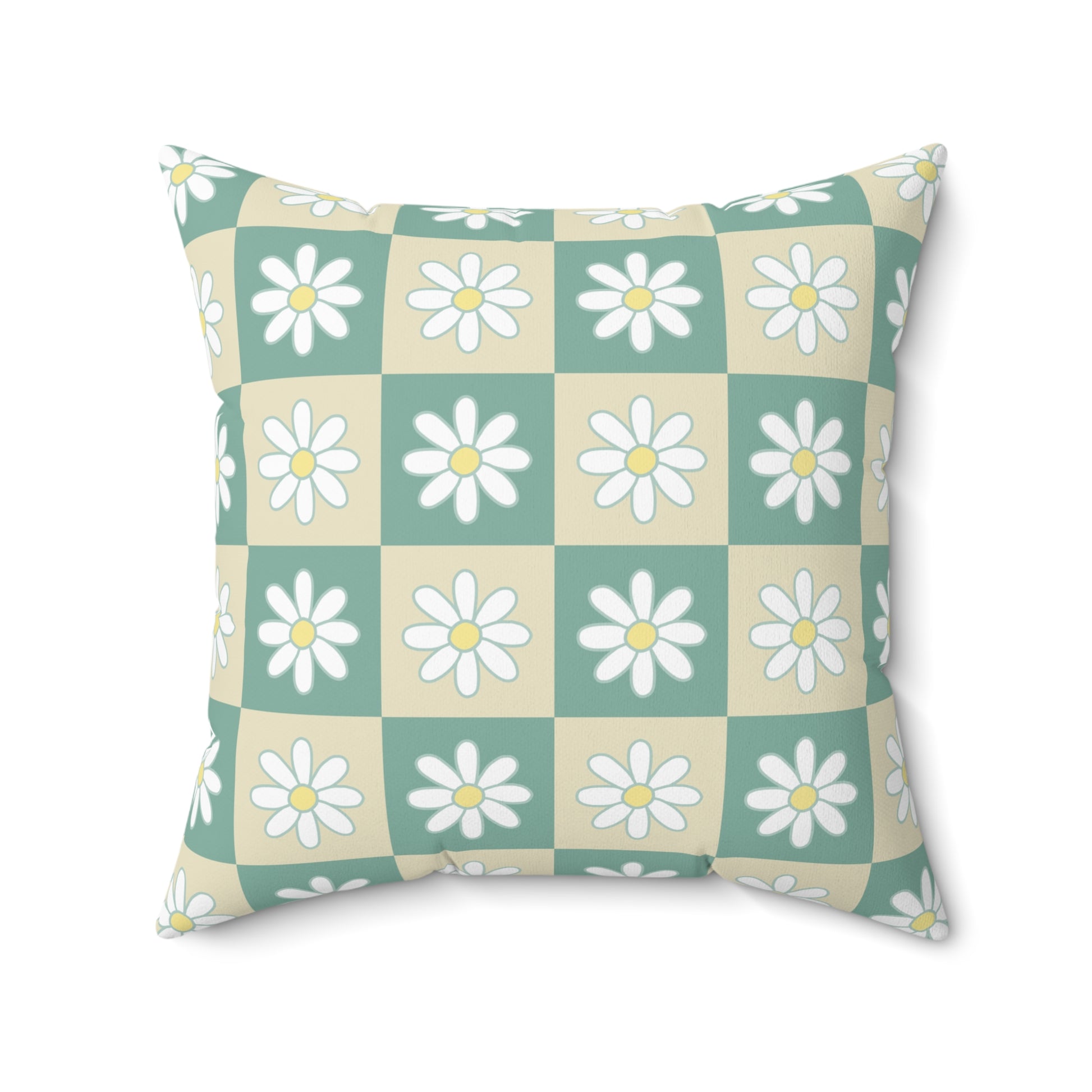 Retro Daisy Checkerboard Green and Tan Spun Polyester Square Pillow, Artsulli - Art is Long, Life is Short, Home Decor, Size, 20" × 20", , , , , 29257389766057021207