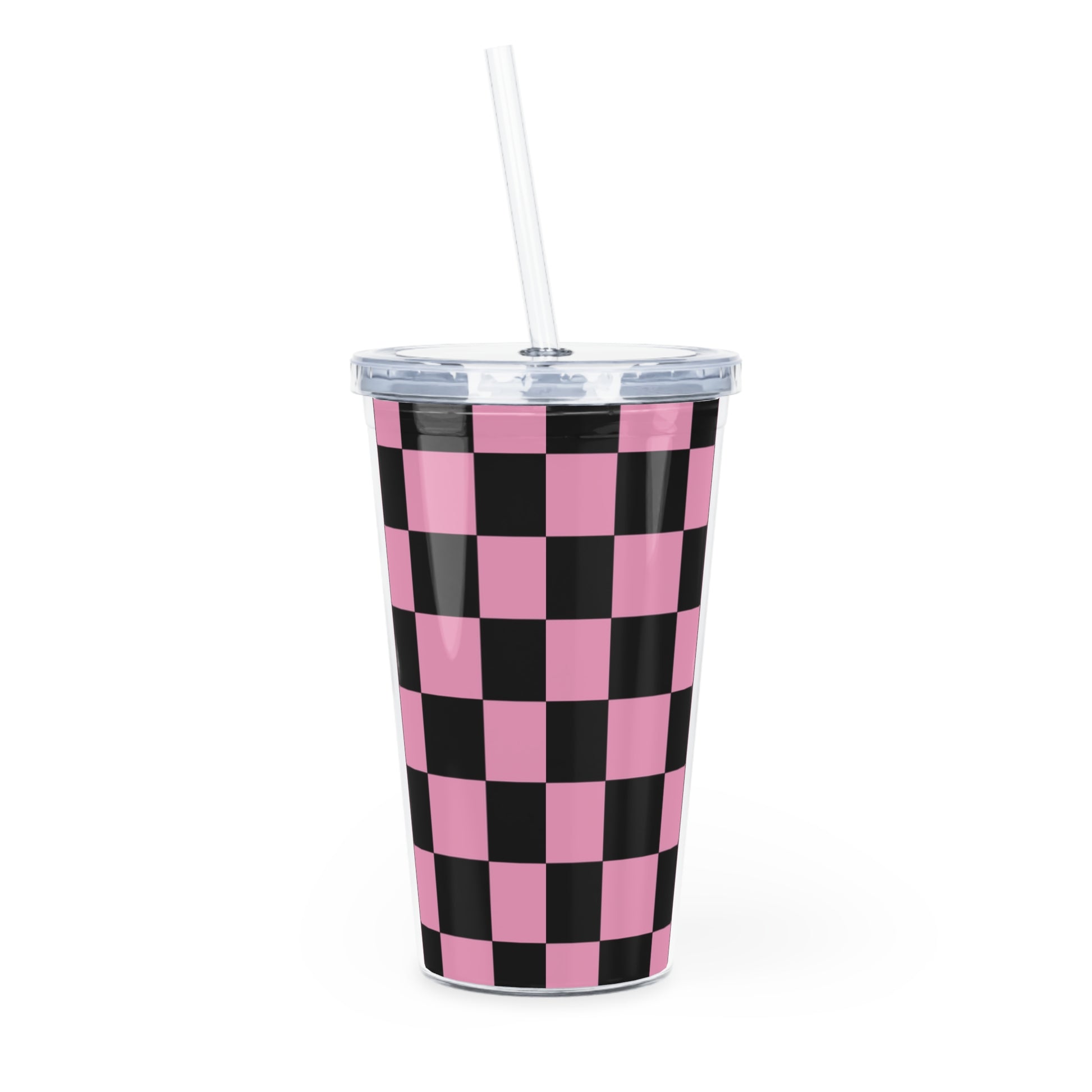 Checkerboard Black and Pink Plastic Tumbler with Straw, Artsulli - Art is Long, Life is Short, Mug, , , , , , , 