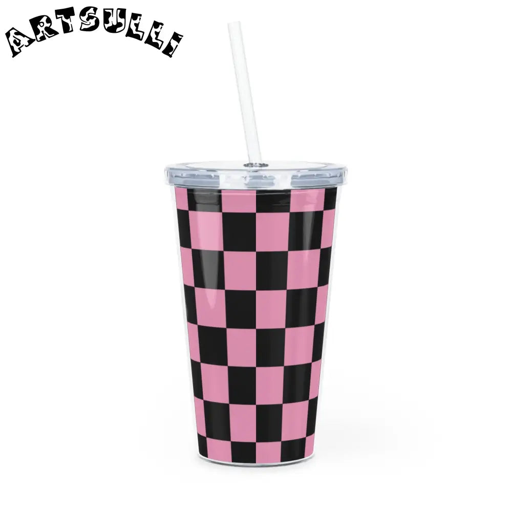 JAKKOUTTHEBXX Checkerboard Black and Pink Plastic Tumbler with Straw