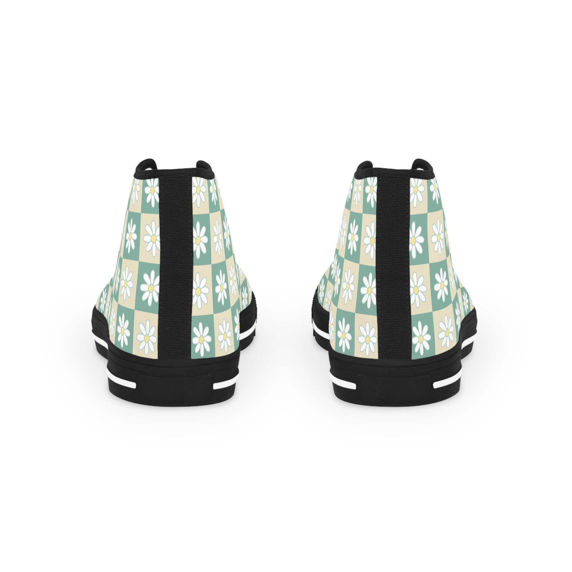 Retro Daisy Checkerboard Green and Tan Men's High Top Sneakers, Artsulli - Art is Long, Life is Short, Shoes, , , , , , , 