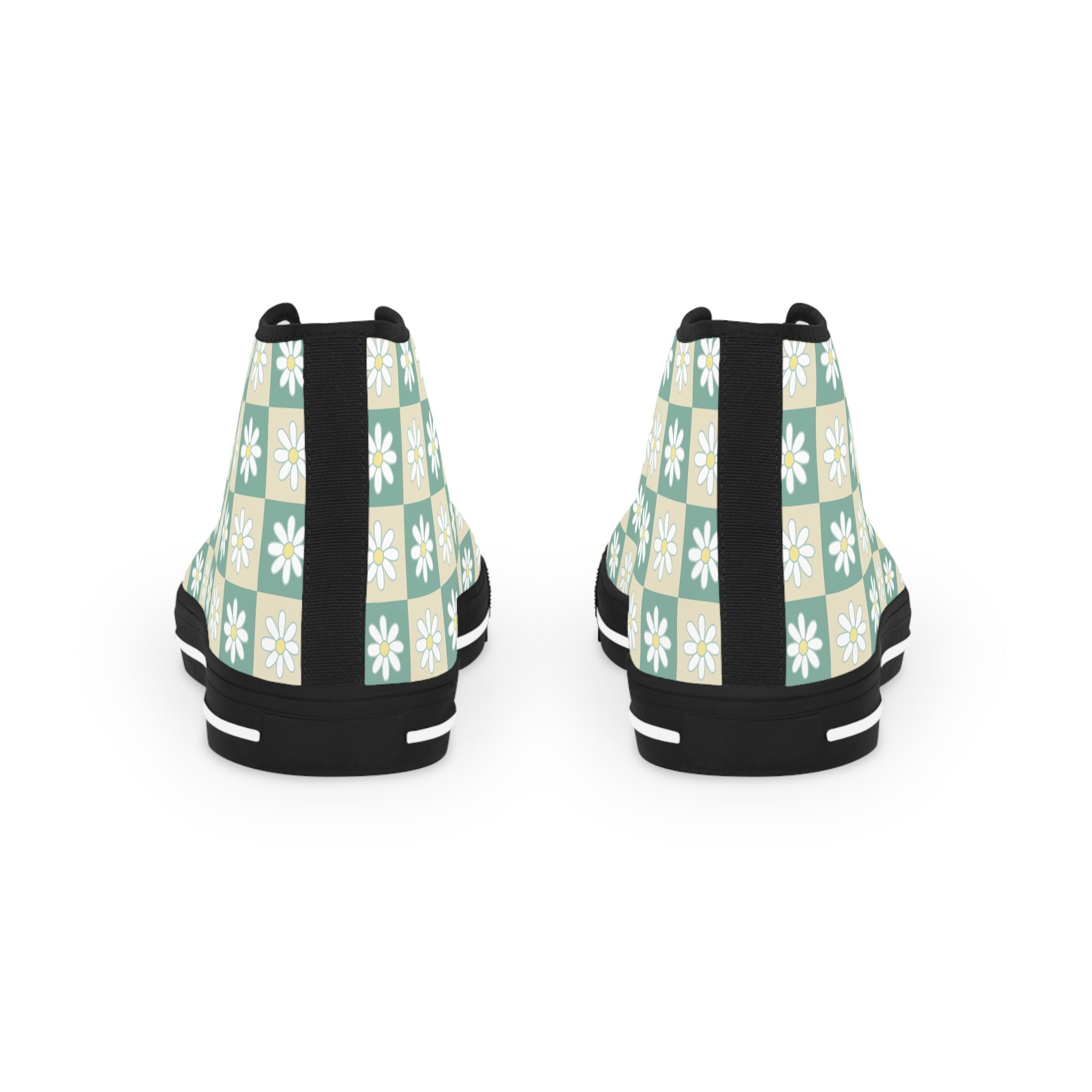 Retro Daisy Checkerboard Green and Tan Men's High Top Sneakers, Artsulli - Art is Long, Life is Short, Shoes, , , , , , , 