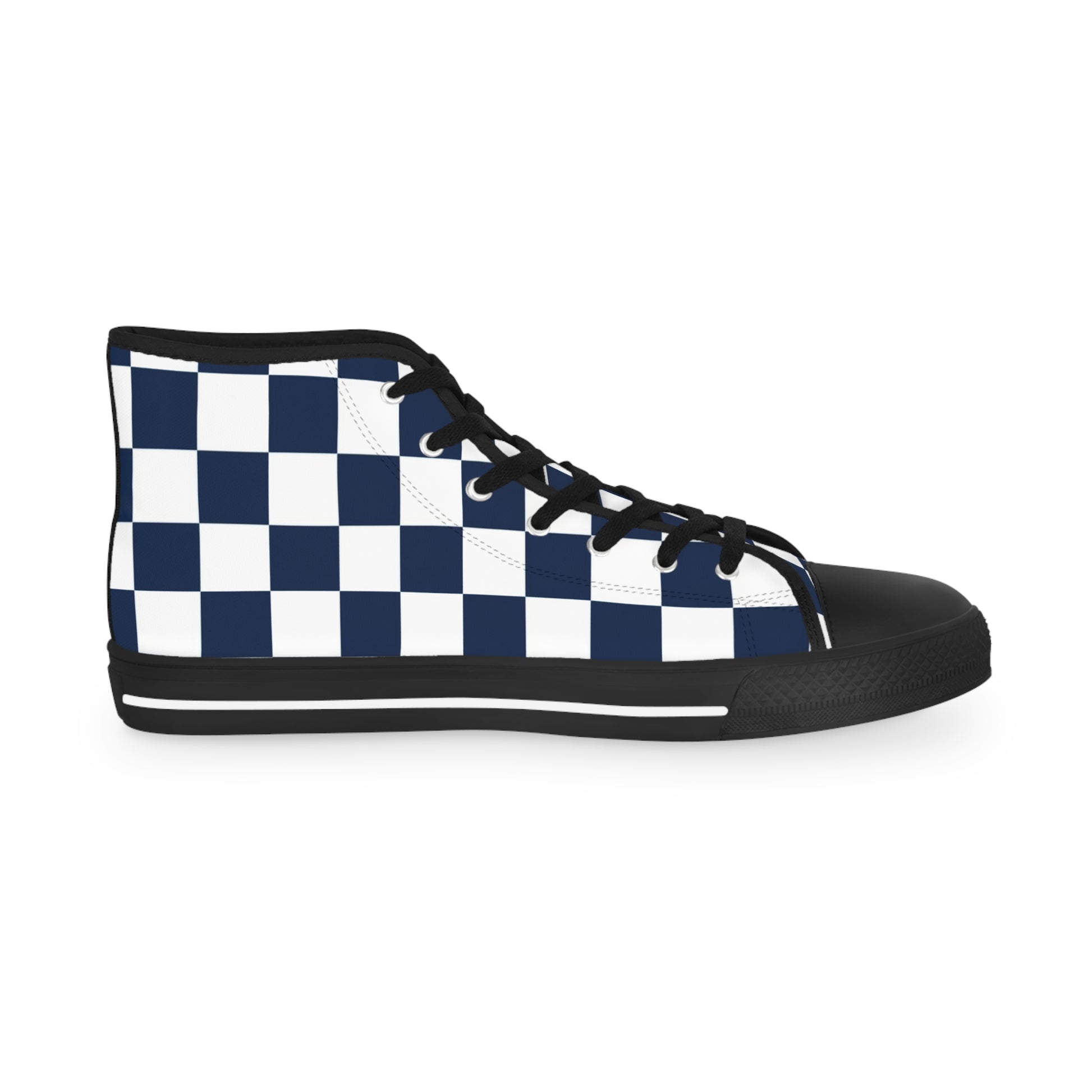 Checkerboard White and Navy Blue Men's High Top Sneakers, Artsulli - Art is Long, Life is Short, Shoes, , , , , , , 