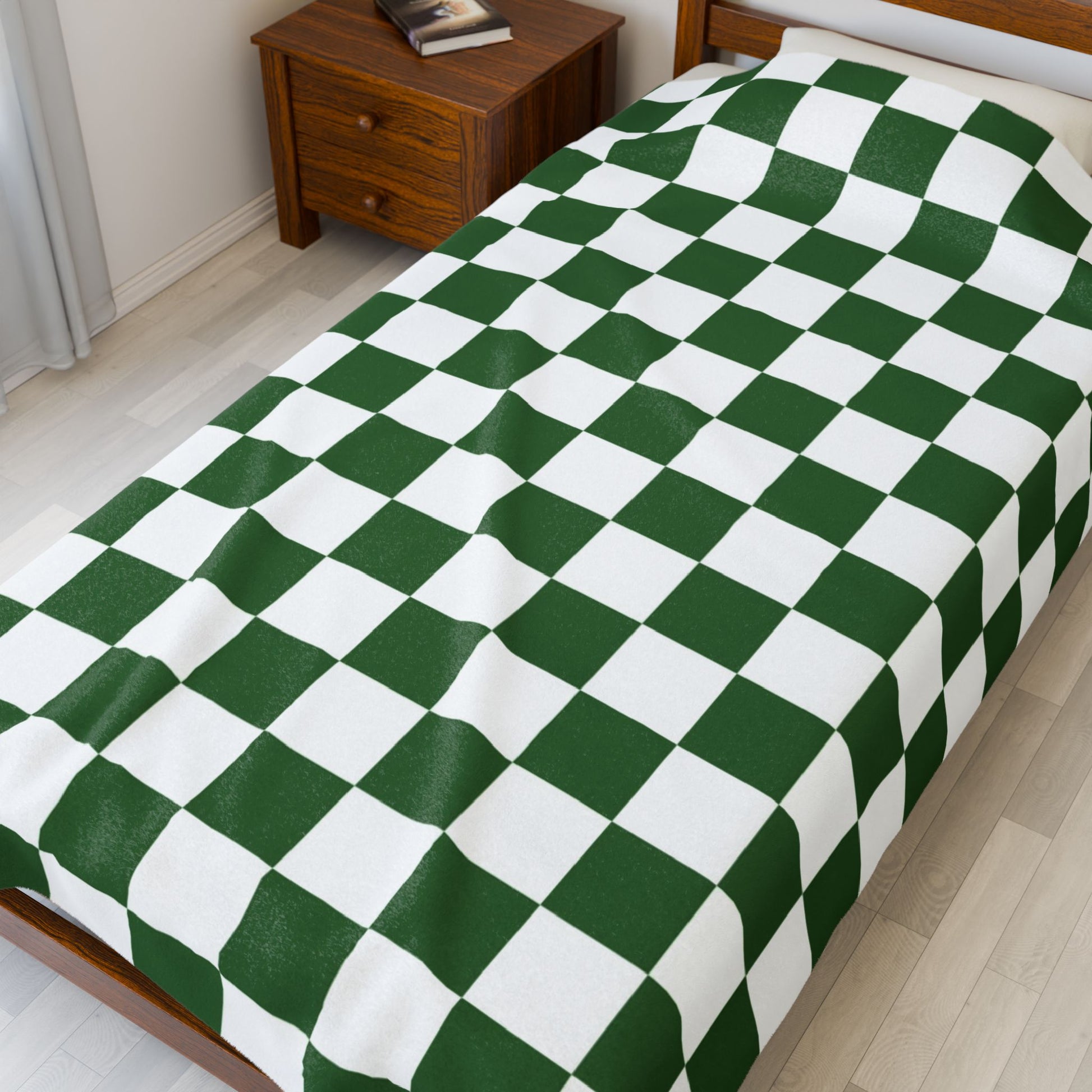 Checkerboard White and Dark Green Velveteen Plush Blanket, Artsulli - Art is Long, Life is Short, All Over Prints, , , , , , , 