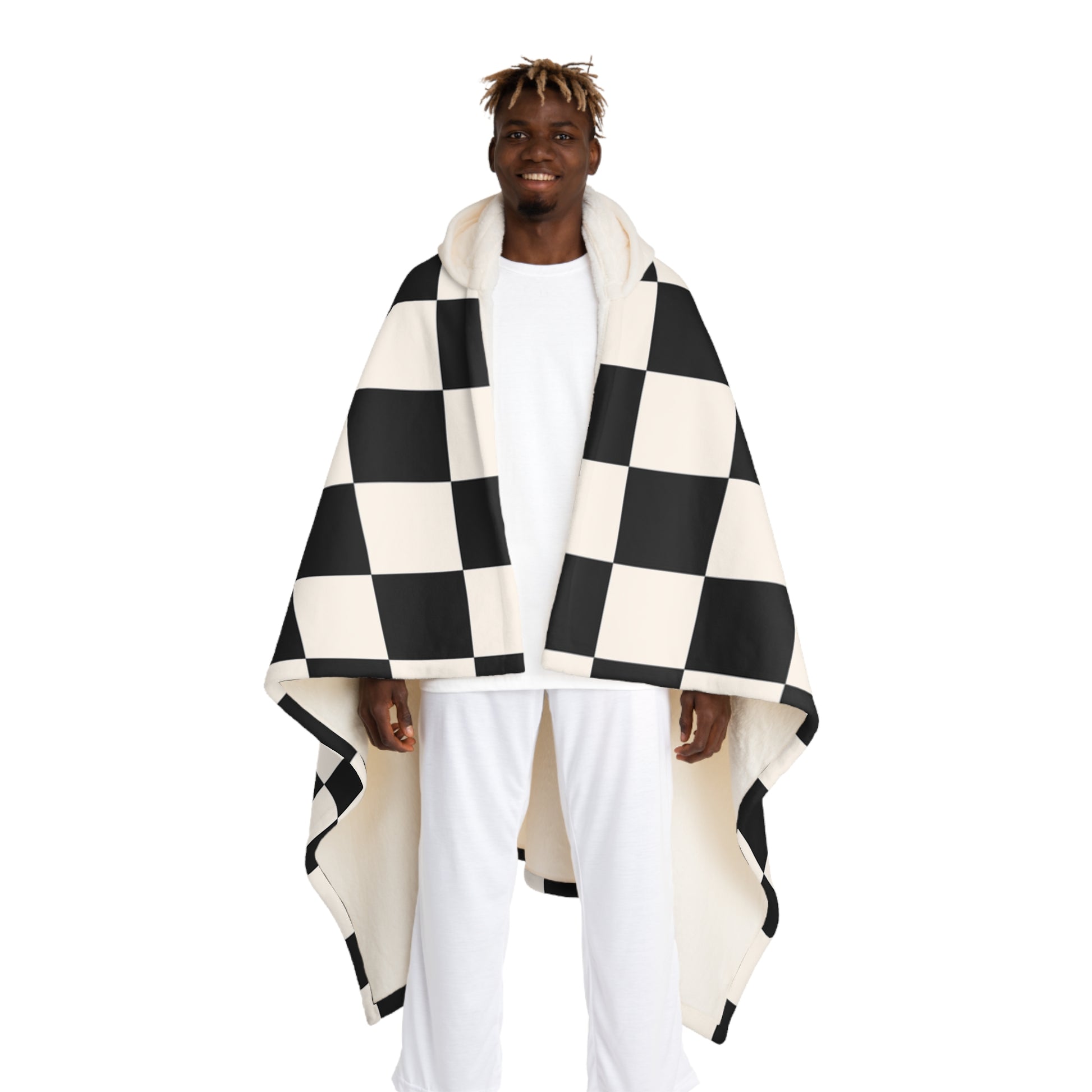 Checkerboard White and Black Hooded Sherpa Fleece Blanket, Artsulli - Art is Long, Life is Short, All Over Prints, Size, One size, Color, Cream, , , 17946061281852139375