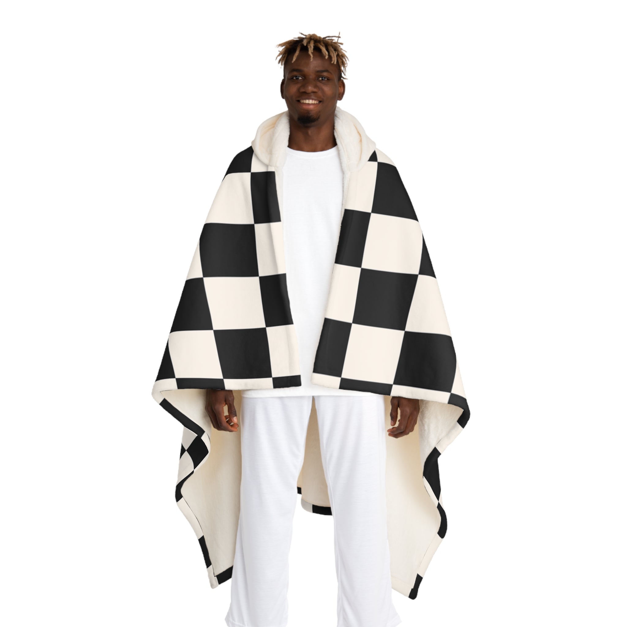 Checkerboard White and Black Hooded Sherpa Fleece Blanket, Artsulli - Art is Long, Life is Short, All Over Prints, Size, One size, Color, Cream, , , 17946061281852139375