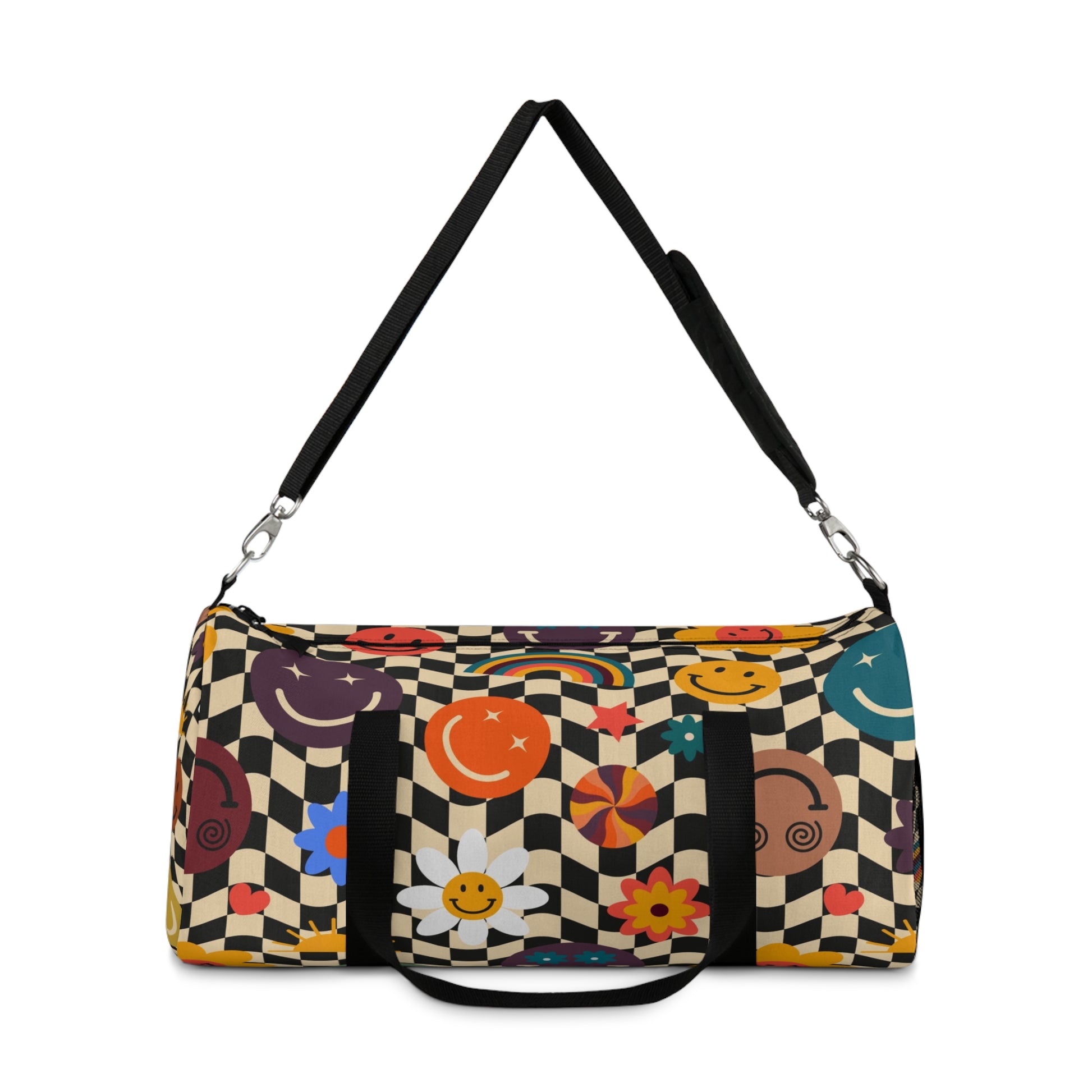 Trippy x Wavy Checkerboard x Smiley Face x Rainbow x Flowers II Multi-Color Duffel Bag, Artsulli - Art is Long, Life is Short, Bags, , , , , , , 