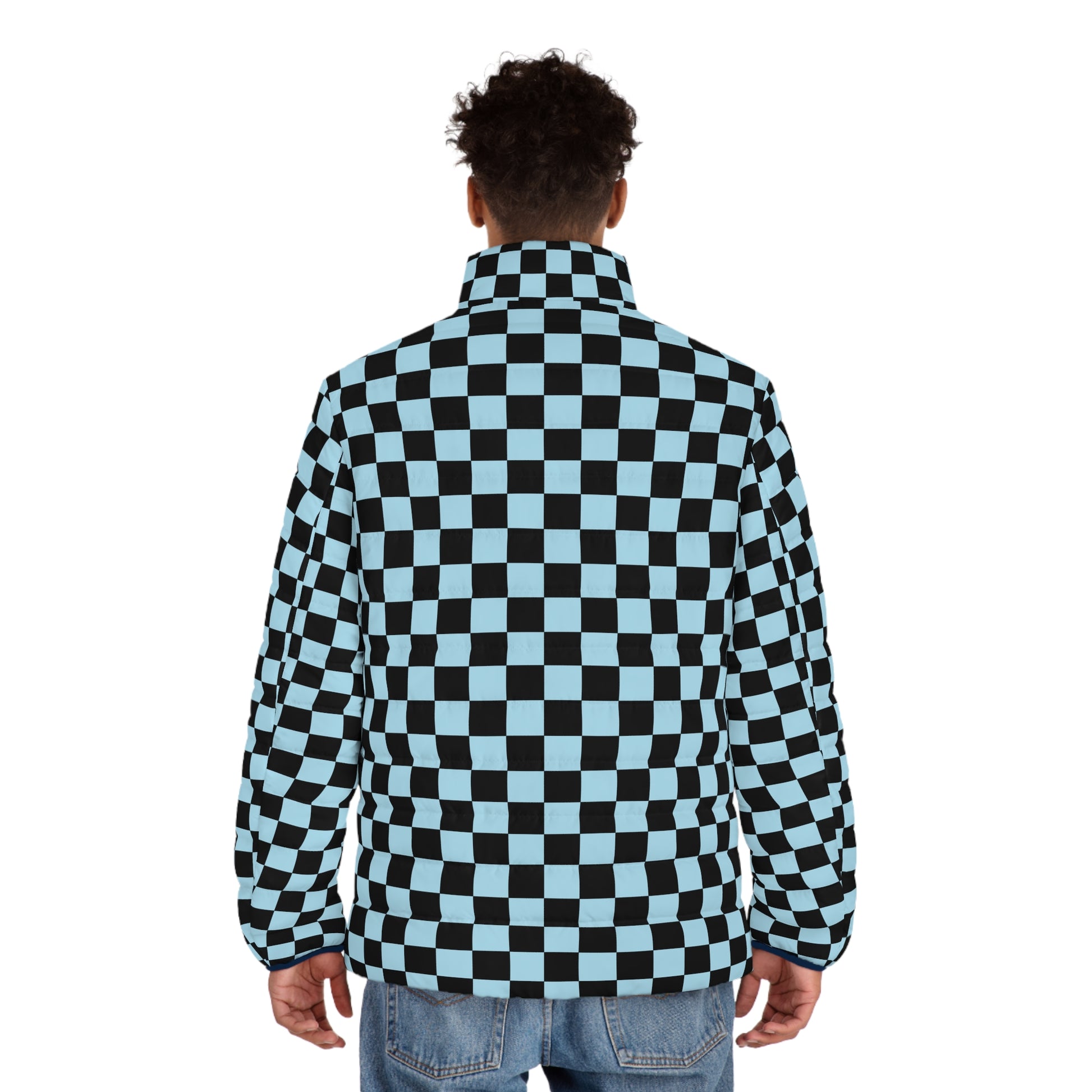 Checkerboard Black and Blue Men's Puffer Jacket (AOP), Artsulli - Art is Long, Life is Short, All Over Prints, , , , , , , 
