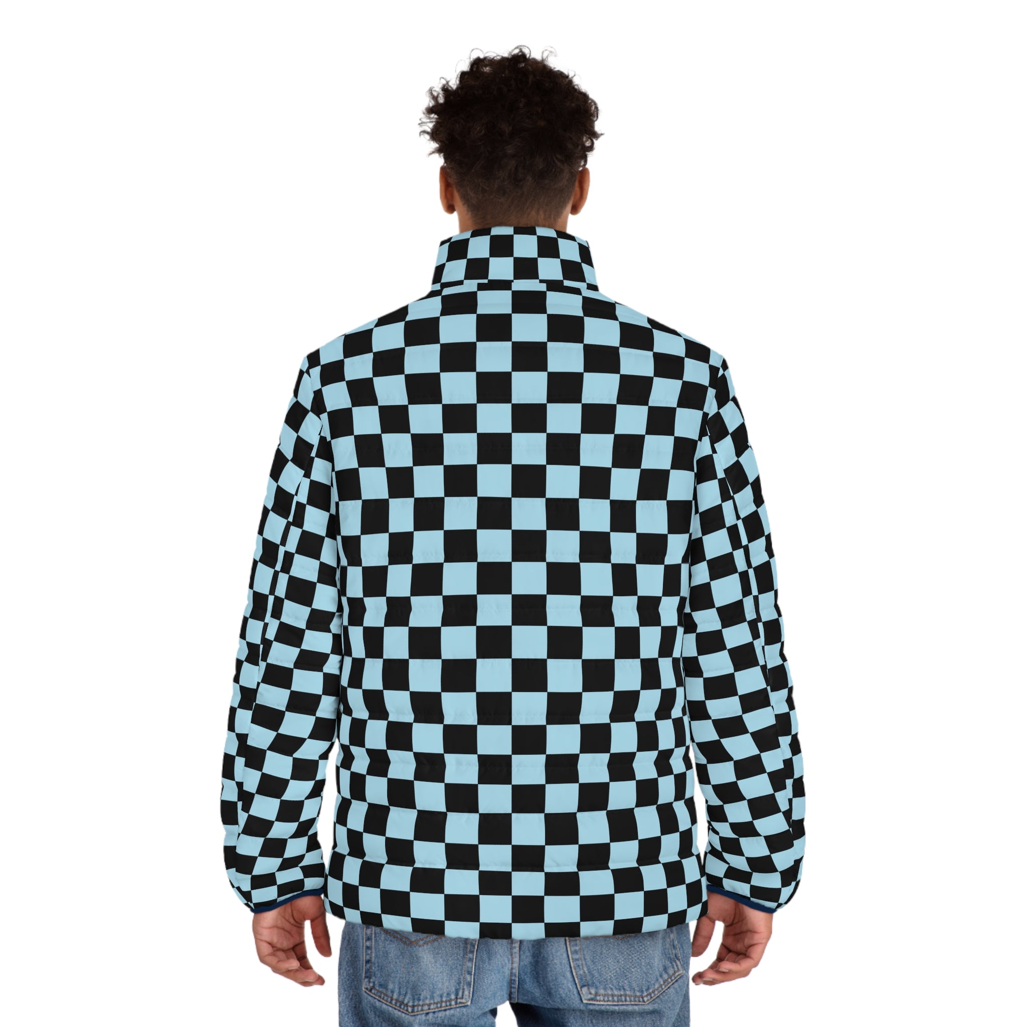 Checkerboard Black and Blue Men's Puffer Jacket (AOP), Artsulli - Art is Long, Life is Short, All Over Prints, , , , , , , 