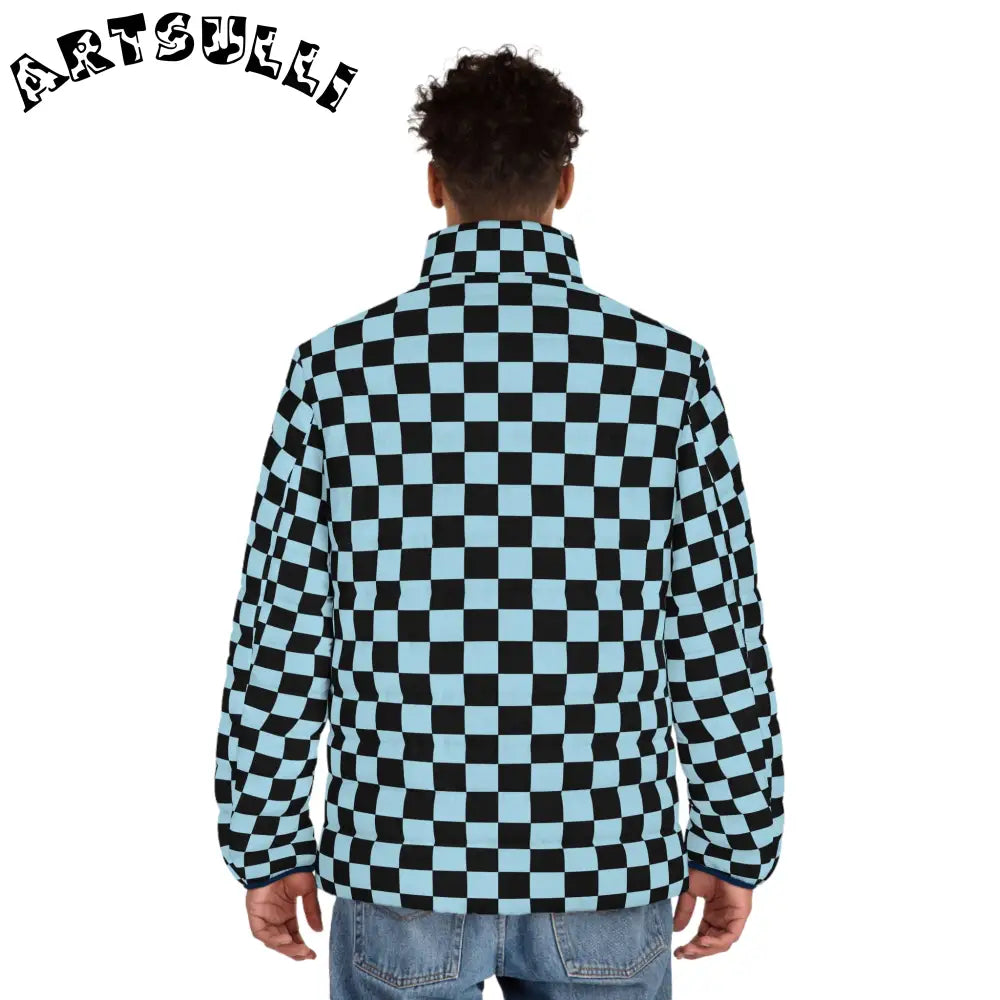 JAKKOUTTHEBXX Checkerboard Black and Blue Men’s Puffer Jacket (AOP)