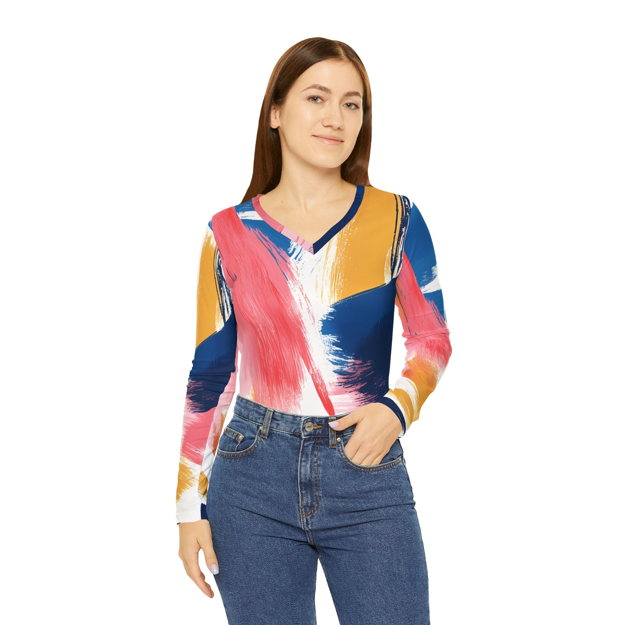 Short  Abstract Women's Long Sleeve V-neck Shirt (AOP)