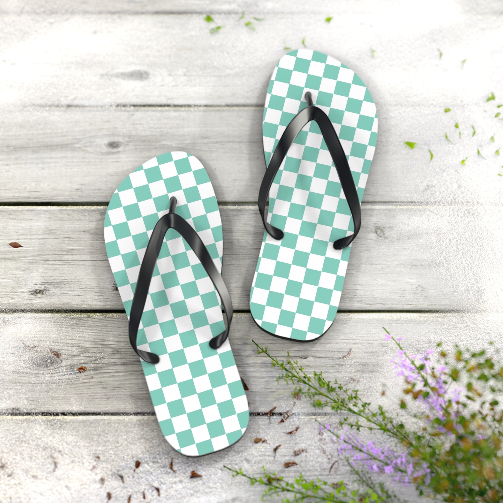 Checkerboard Light Green Flip Flops, Artsulli - Art is Long, Life is Short, Shoes, , , , , , , 