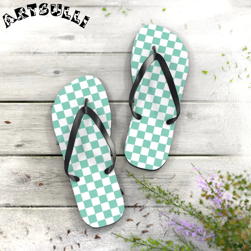 JAKKOUTTHEBXX Checkerboard Light Green Flip Flops JAKKOUTTHEBXX