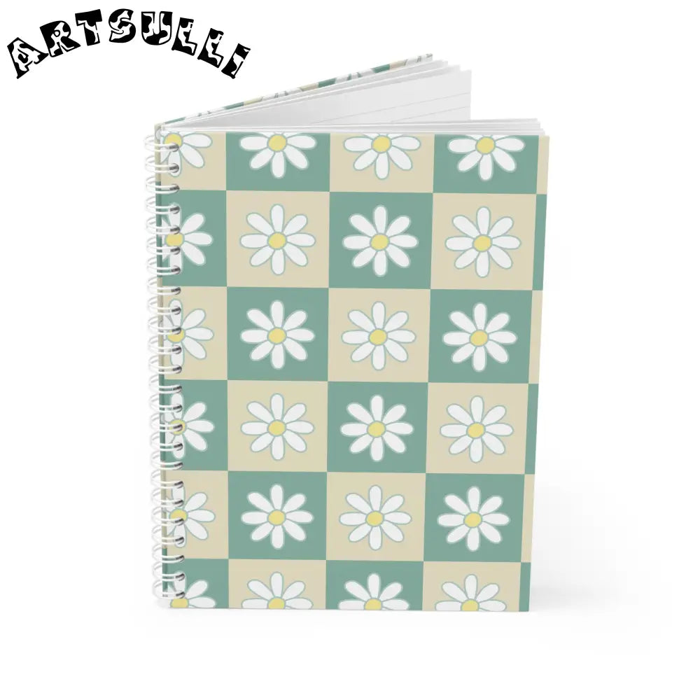 JAKKOUTTHEBXX Retro Daisy Checkerboard Green and Tan Spiral Notebook