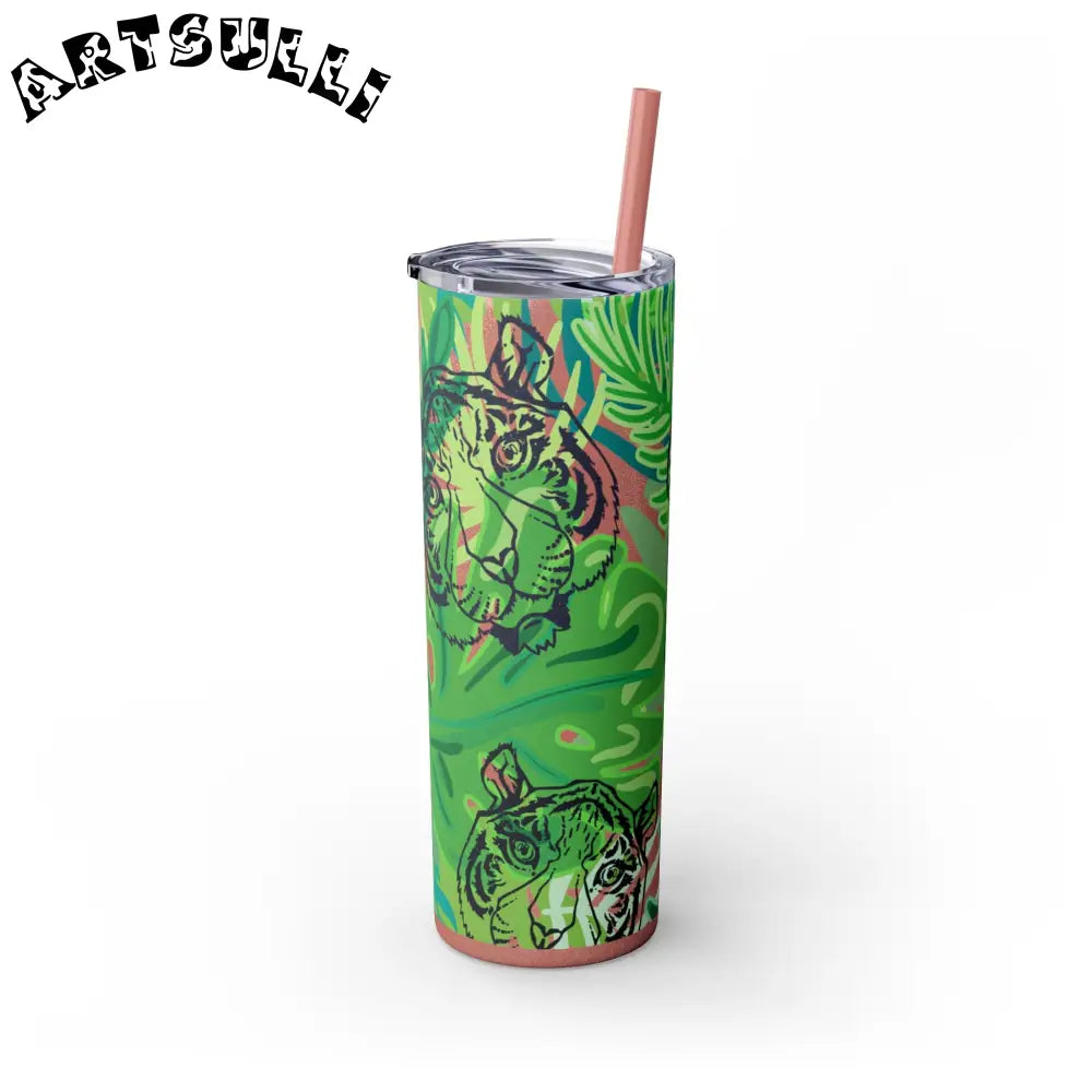 JAKKOUTTHEBXX Tropical Jungle Tigers Green Skinny Tumbler with Straw