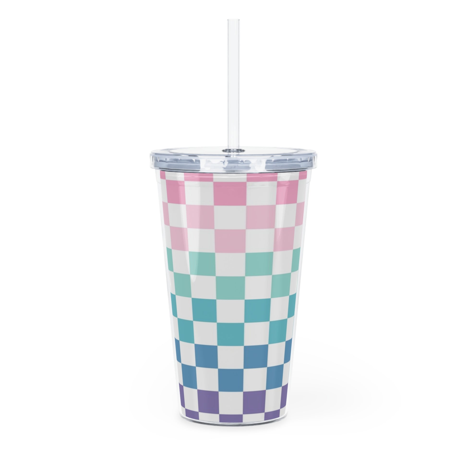 Vaporwave Rainbow  Checkerboard Multi-Color Plastic Tumbler with Straw, Artsulli - Art is Long, Life is Short, Mug, , , , , , , 