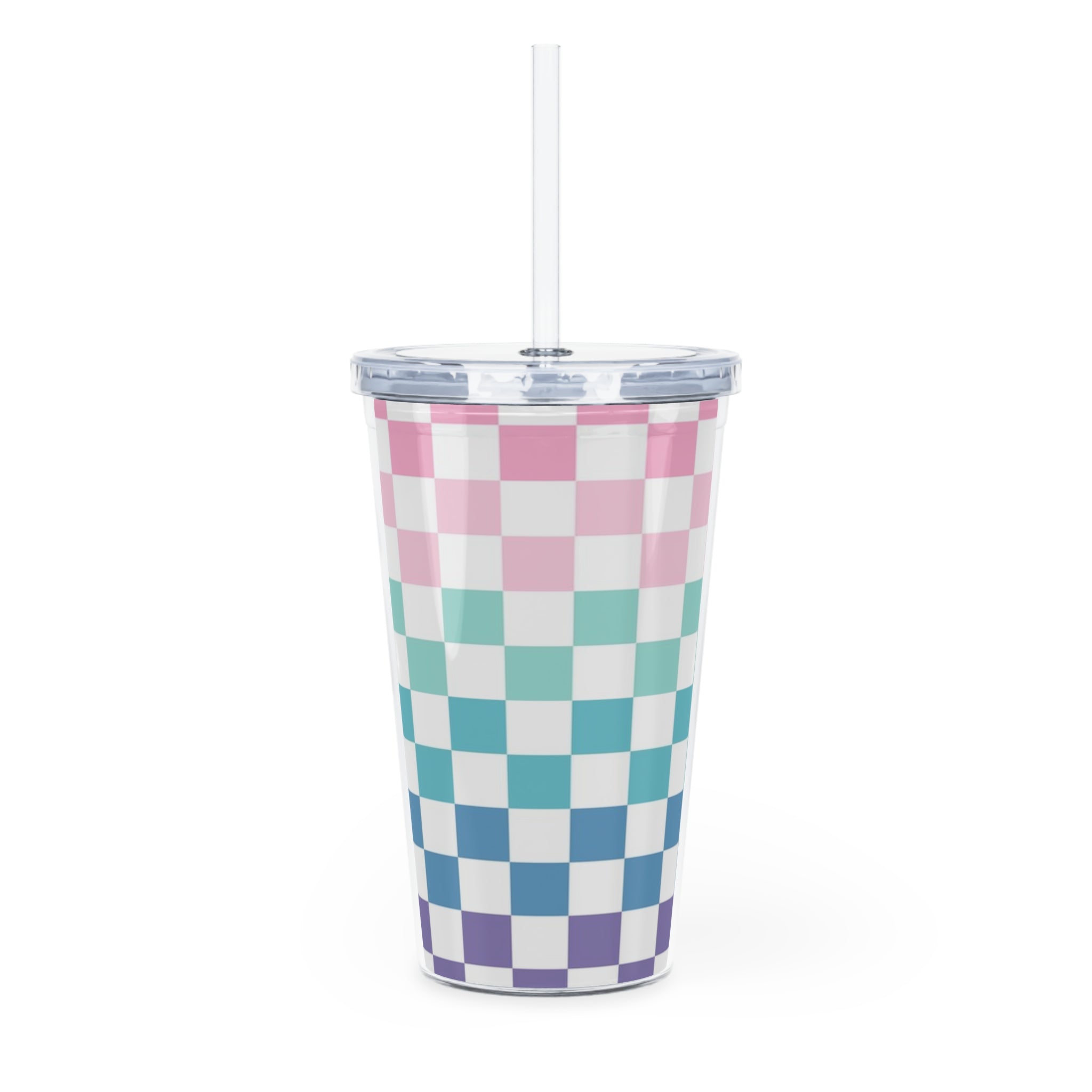 Vaporwave Rainbow  Checkerboard Multi-Color Plastic Tumbler with Straw, Artsulli - Art is Long, Life is Short, Mug, , , , , , , 