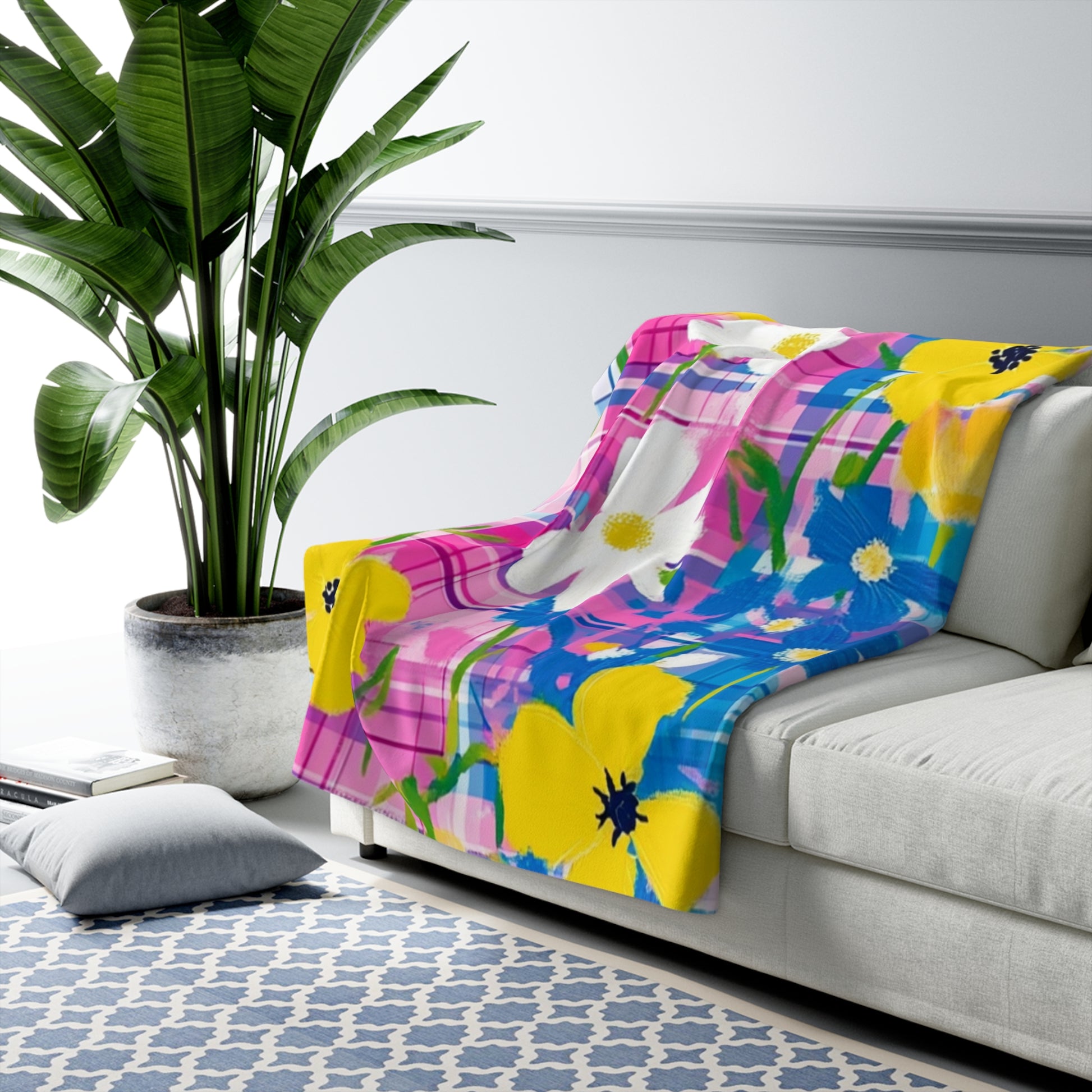 Plaid Garden Pink and Blue Sherpa Fleece Blanket, Artsulli - Art is Long, Life is Short, Home Decor, , , , , , , 