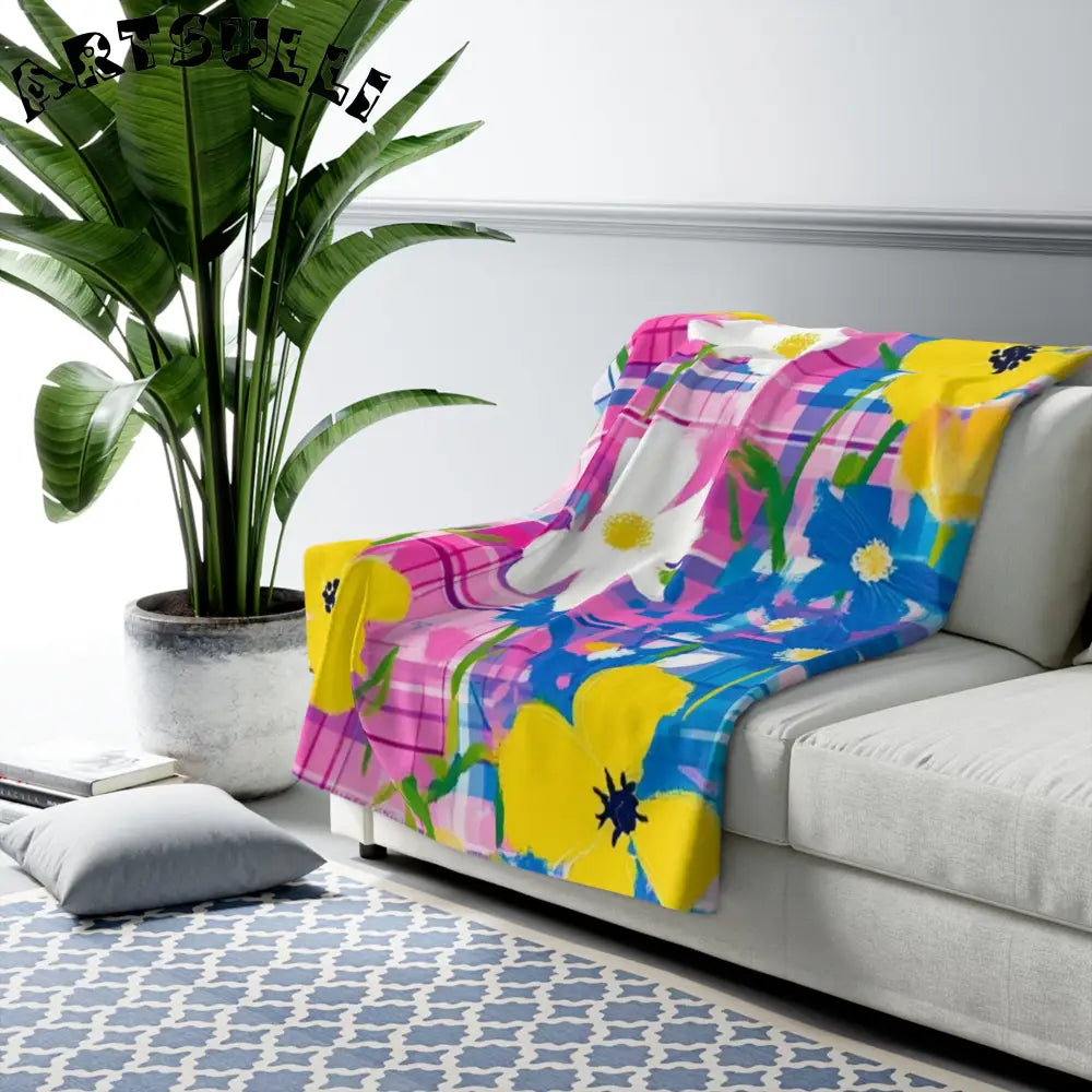 JAKKOUTTHEBXX Plaid Garden Pink and Blue Sherpa Fleece Blanket