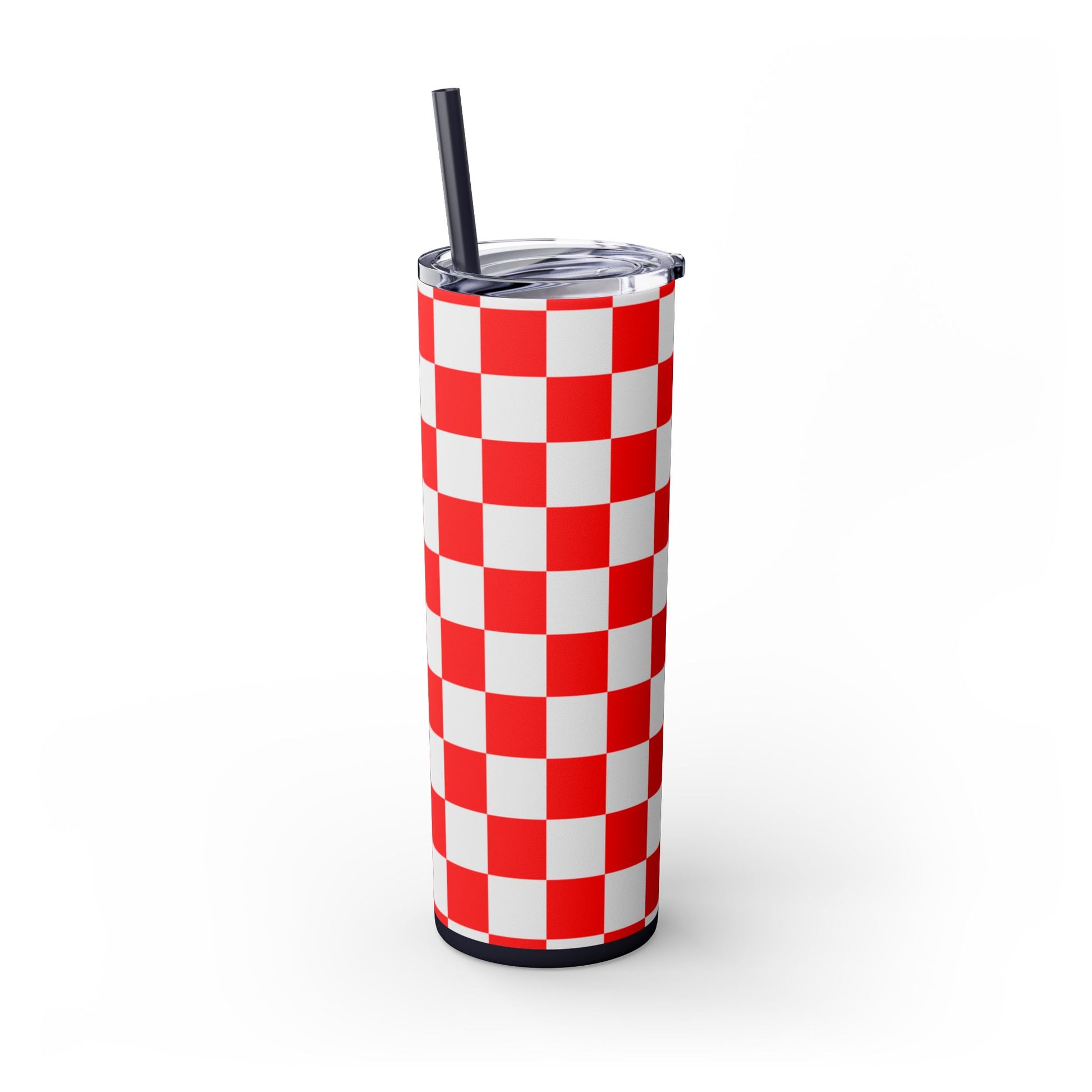 Checkerboard Red and White Skinny Tumbler with Straw, 20oz, Artsulli - Art is Long, Life is Short, Mug, , , , , , , 