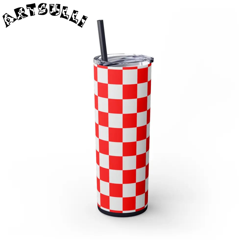 JAKKOUTTHEBXX Checkerboard Red and White Skinny Tumbler with Straw