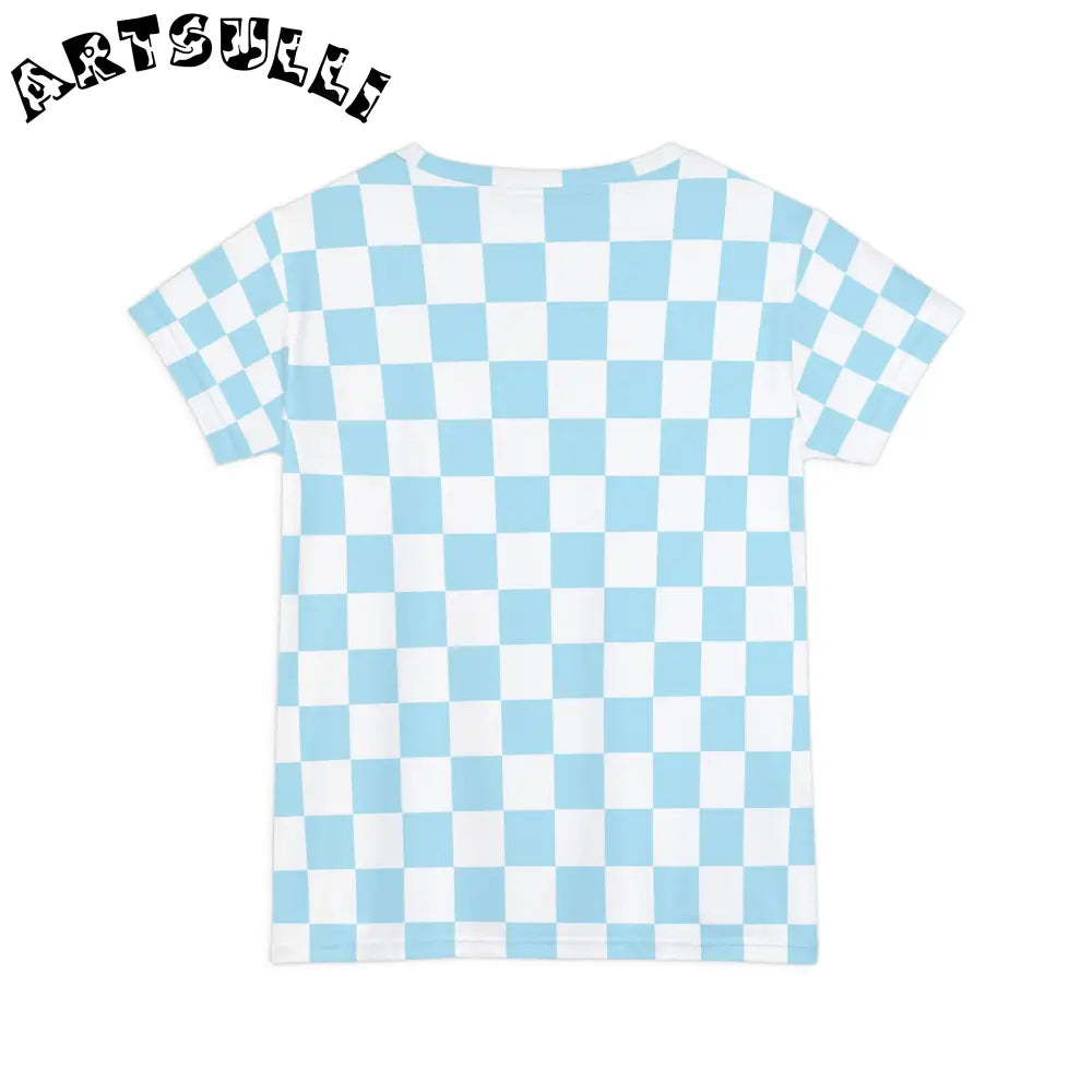 JAKKOUTTHEBXX Checkerboard Sky Blue Women’s Short Sleeve Shirt (AOP)