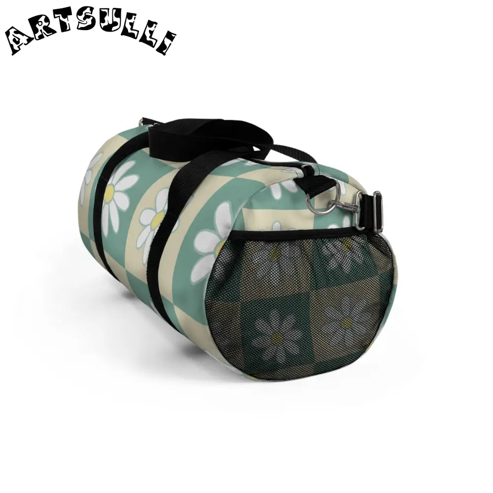 JAKKOUTTHEBXX Retro Daisy Checkerboard Green and Tan Duffel Bag