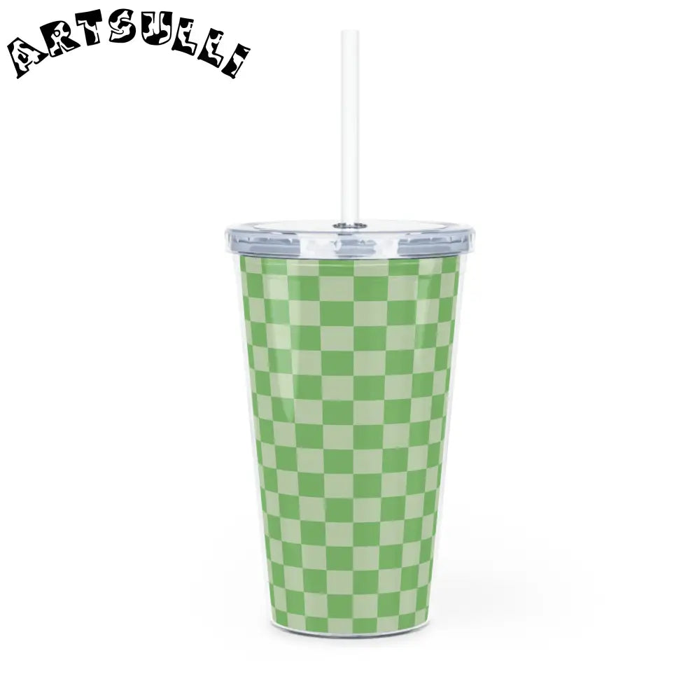 JAKKOUTTHEBXX Checkerboard II Green Plastic Tumbler with Straw
