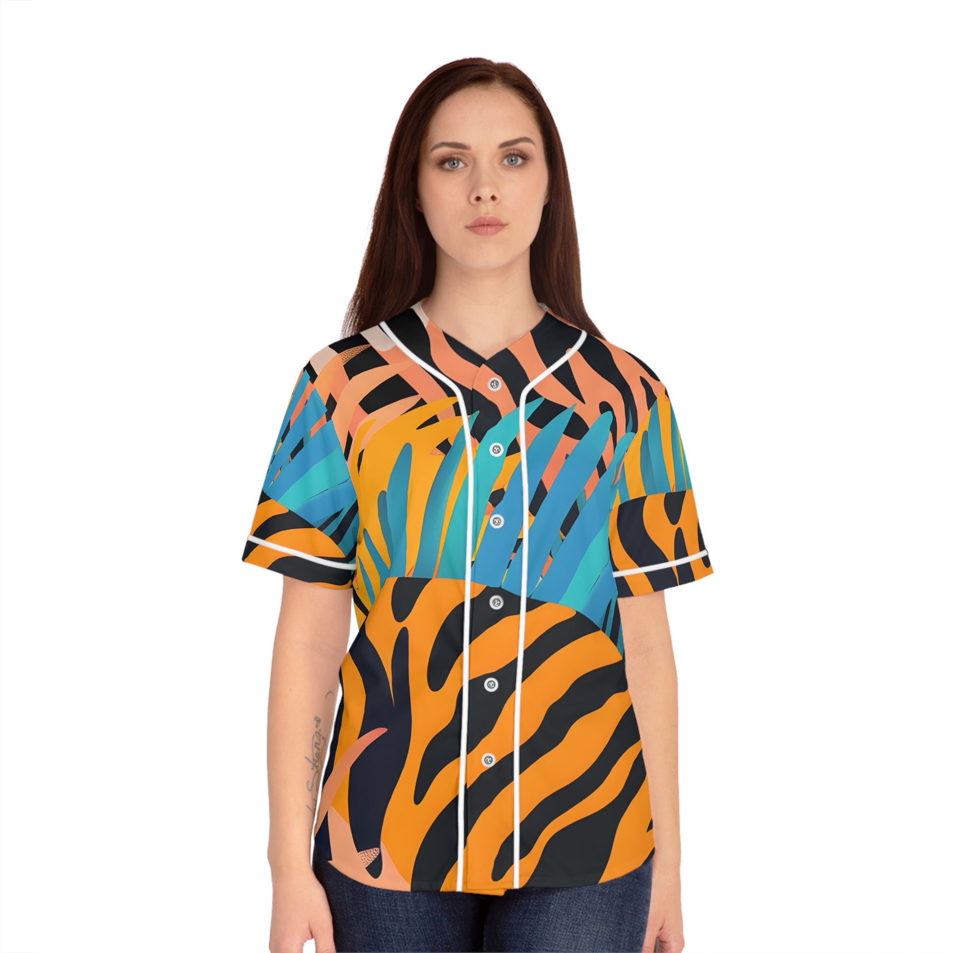 Palm Leaves x Zebra Stripes x  Tiger Stripes Orange and Blue  Women's Baseball Jersey (AOP), Artsulli - Art is Long, Life is Short, All Over Prints, , , , , , , 