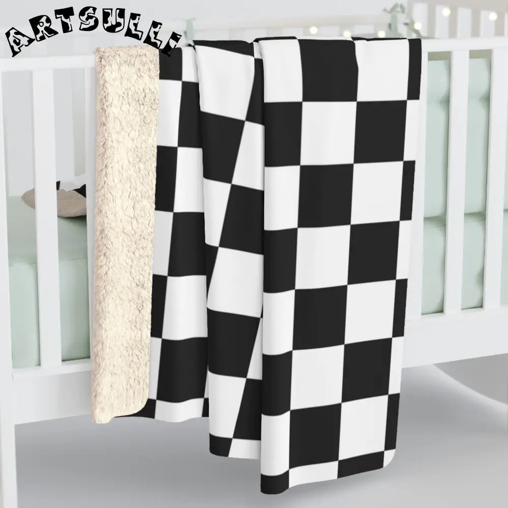 JAKKOUTTHEBXX Checkerboard White and Black Sherpa Fleece Blanket