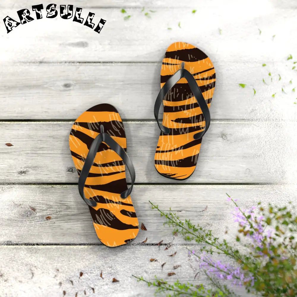 JAKKOUTTHEBXX Tiger Scratches Orange & Black Flip Flops