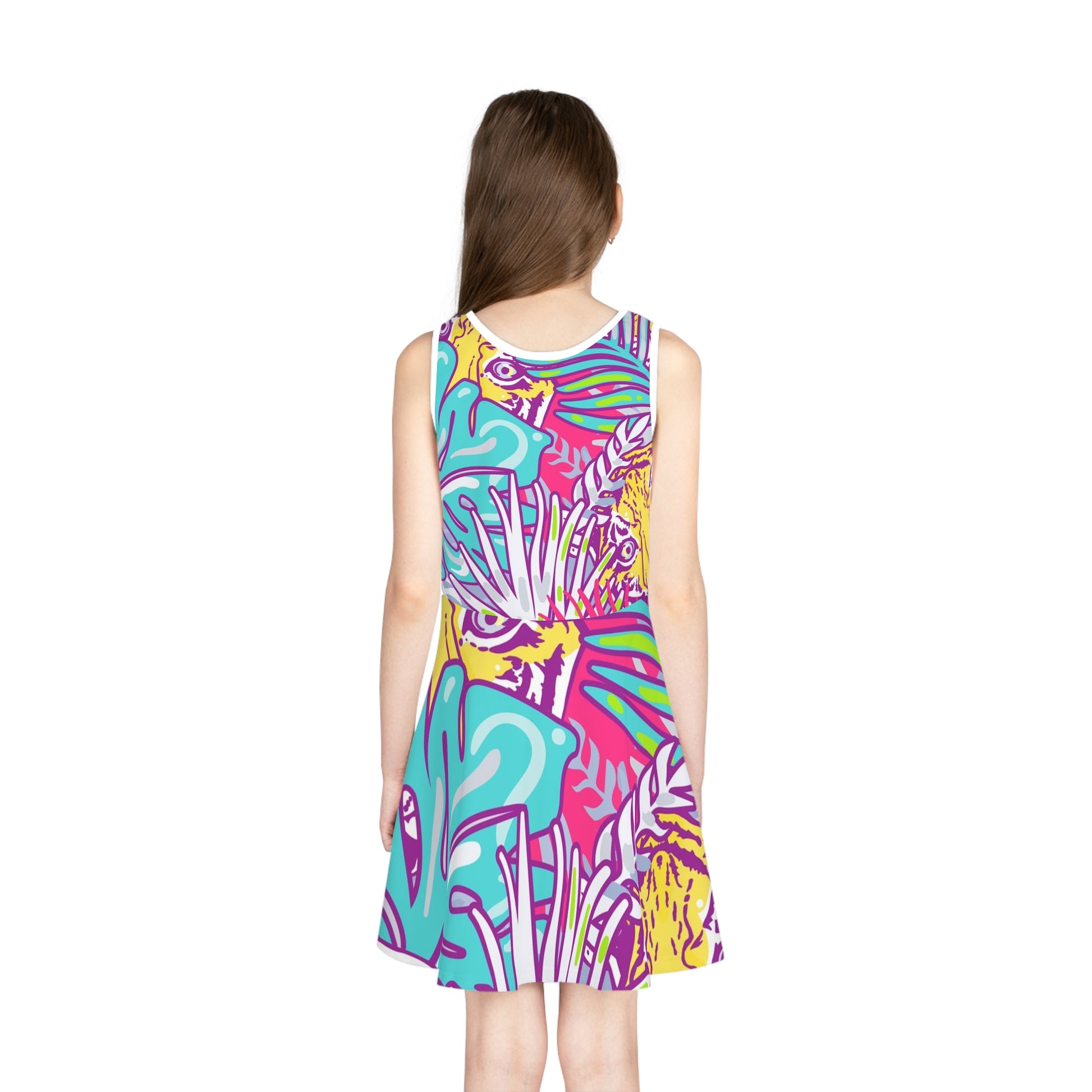 Tropical Floral Tigers Torquise and Purple Girls' Sleeveless Sundress (AOP), Artsulli - Art is Long, Life is Short, All Over Prints, , , , , , , 