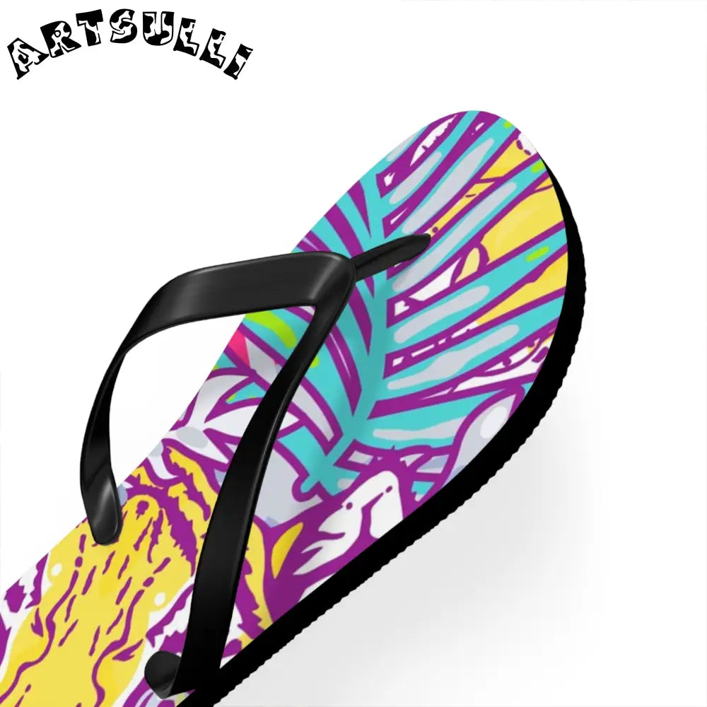 JAKKOUTTHEBXX Tropical Floral Tigers Torquise and Purple Flip Flops