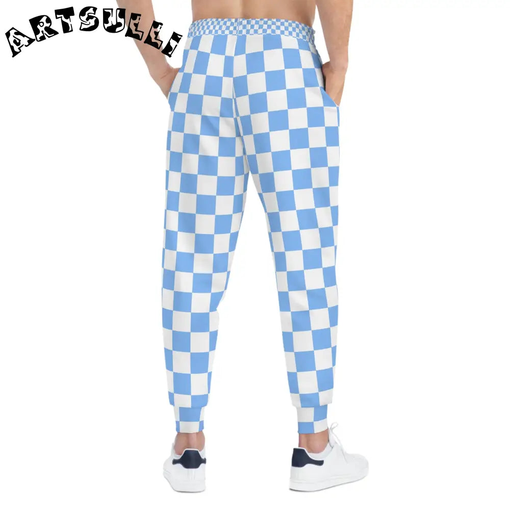 JAKKOUTTHEBXX Checkerboard White and Light Blue Athletic Joggers