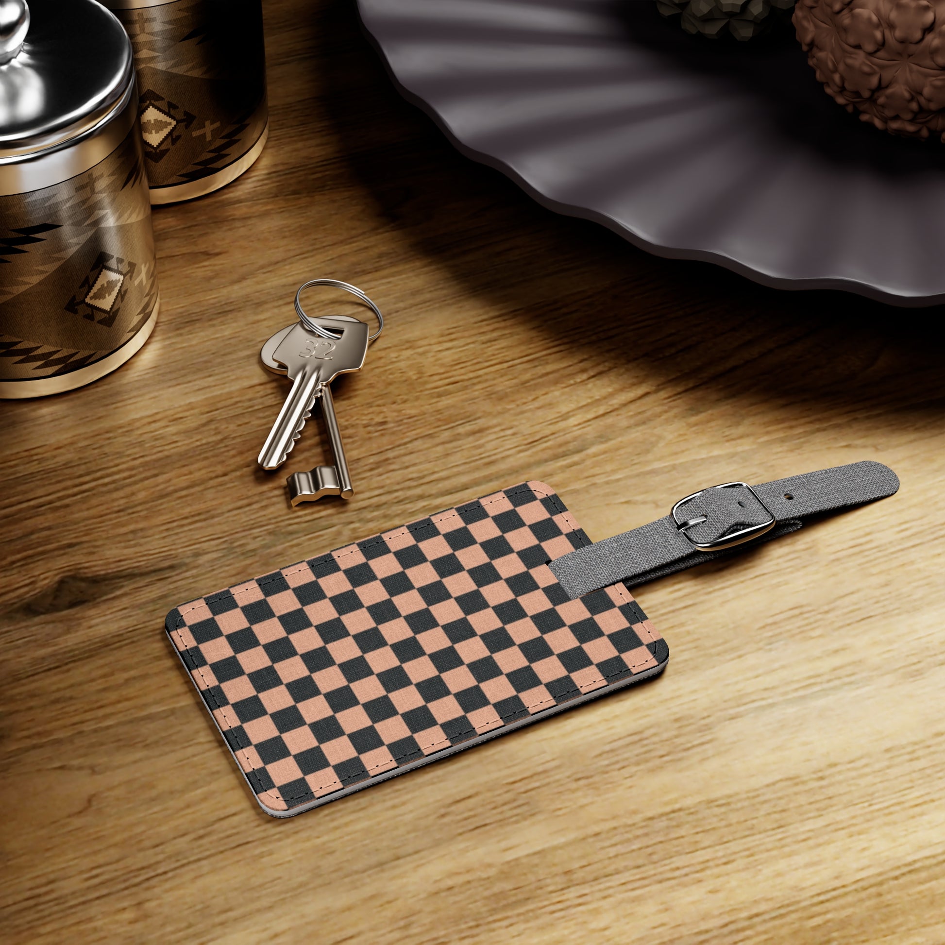 Checkerboard Soft Orange and Black Saffiano Polyester Luggage Tag, Rectangle, Artsulli - Art is Long, Life is Short, Accessories, , , , , , , 
