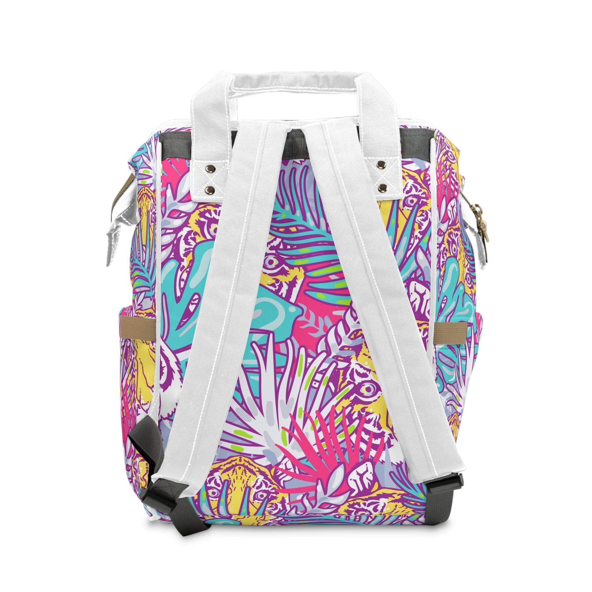 Tropical Floral Tigers Torquise and Purple Multifunctional Diaper Backpack, Artsulli - Art is Long, Life is Short, Bags, , , , , , , 