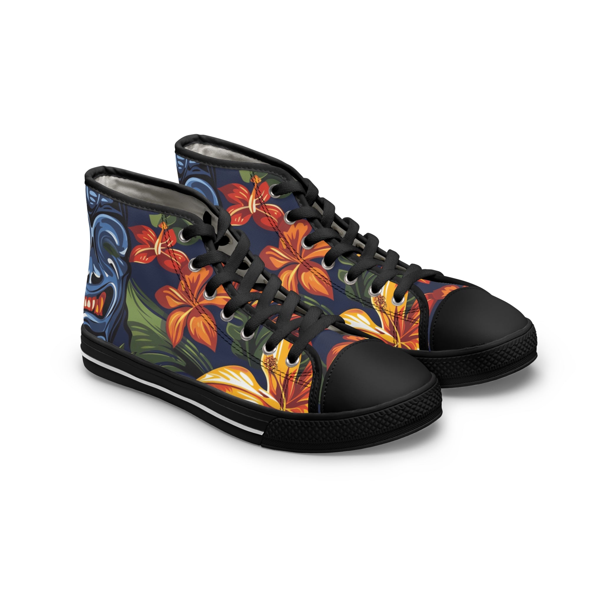 Tiki Bloom Navy Women's High Top Sneakers, Artsulli - Art is Long, Life is Short, Shoes, Size, US 5.5, Color, Black sole, , , 56990107276398768709