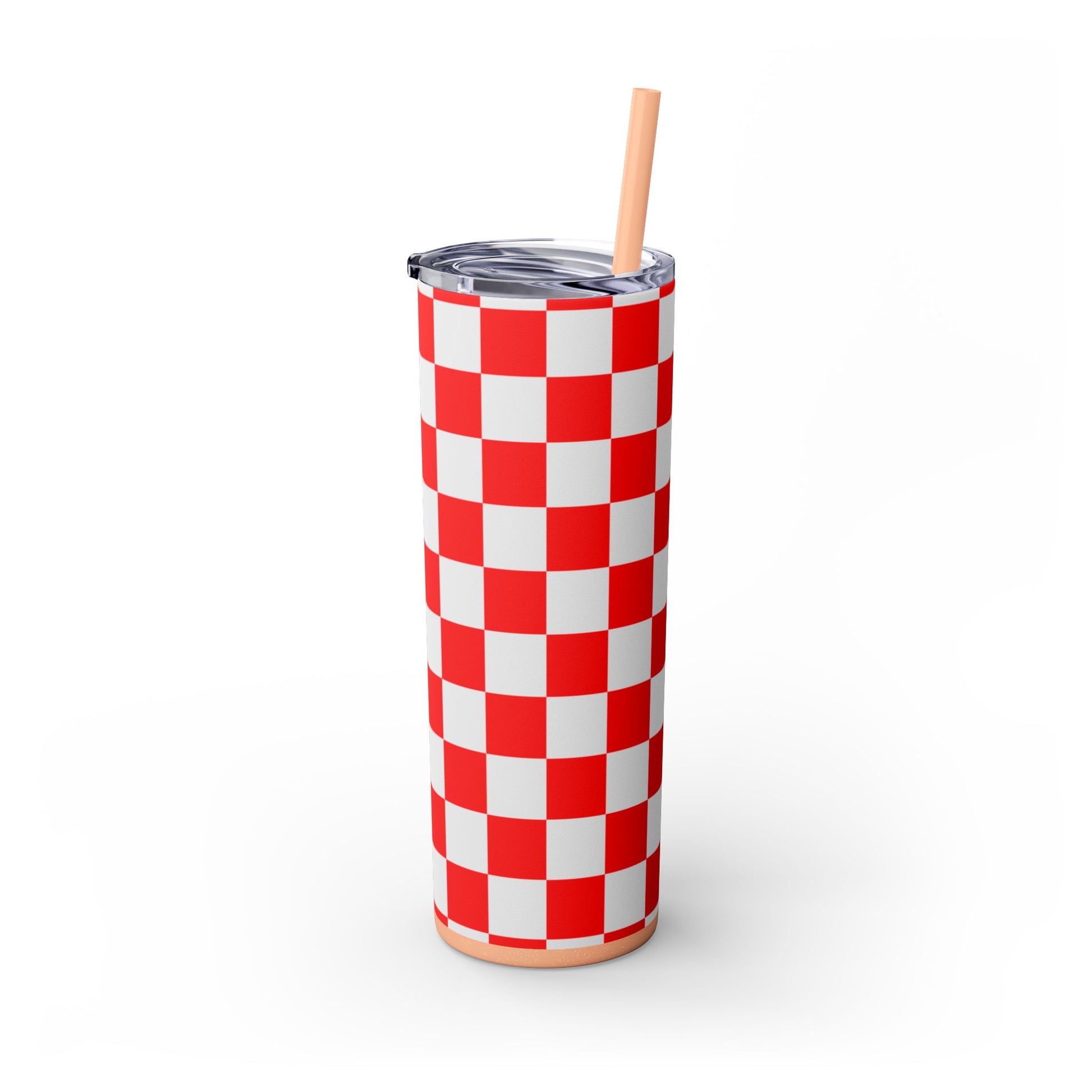 Checkerboard Red and White Skinny Tumbler with Straw, 20oz, Artsulli - Art is Long, Life is Short, Mug, , , , , , , 