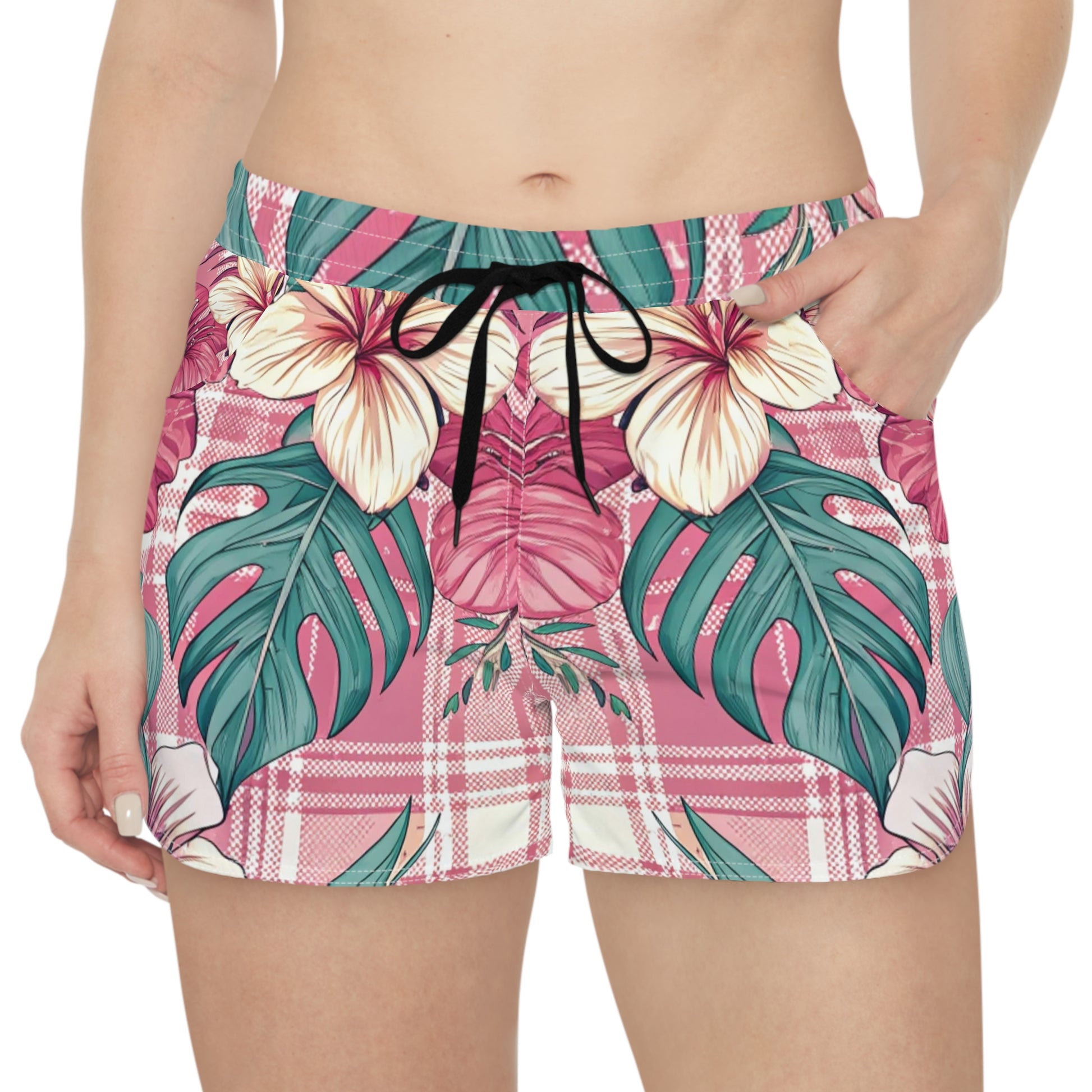 Plaid x Floral Burgundy and GreenWomen's Casual Shorts (AOP), Artsulli - Art is Long, Life is Short, All Over Prints, , , , , , , 